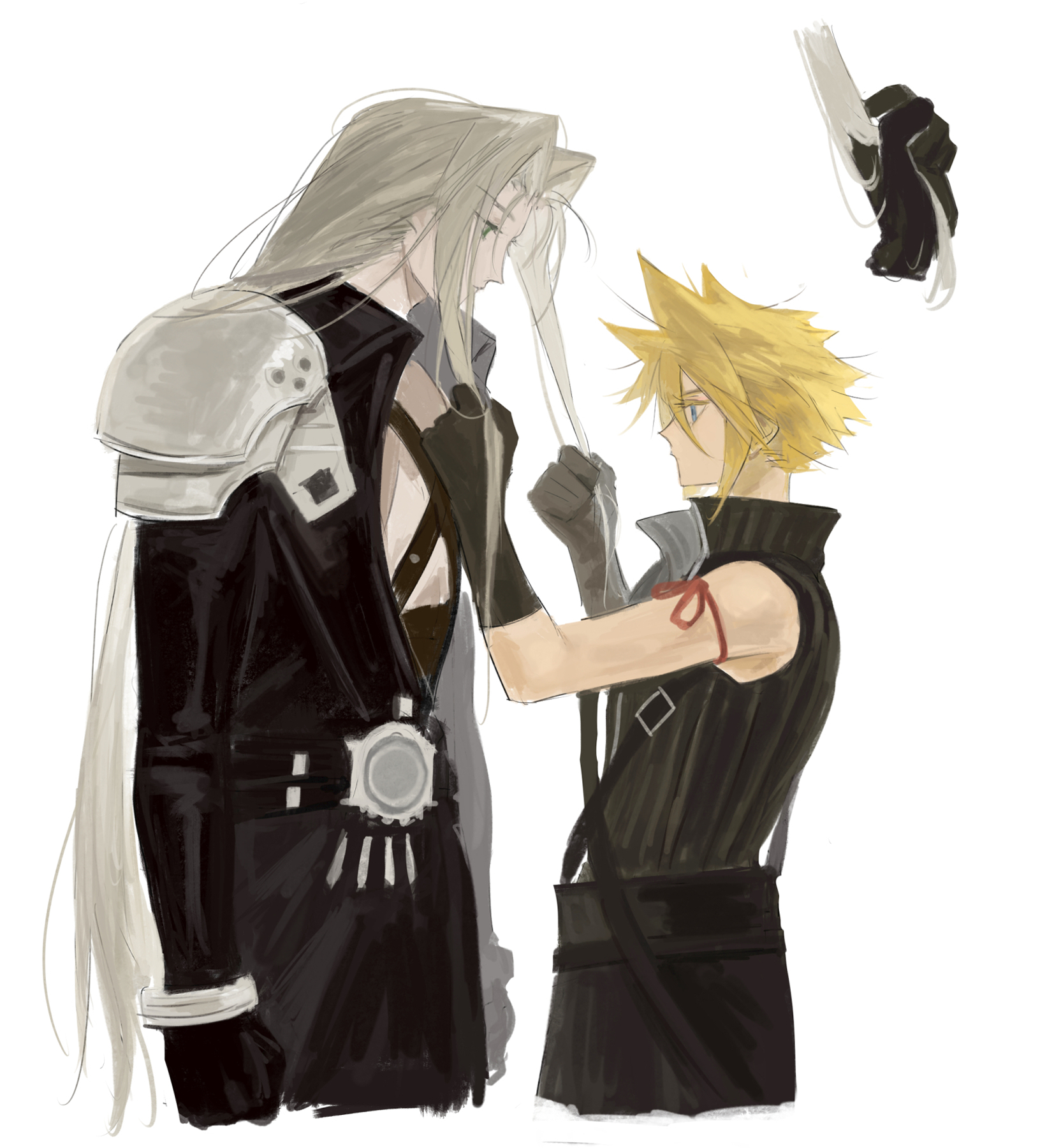 cloud strife, sephiroth, final fantasy, final fantasy vii, final fantasy vii advent children, highres, 2boys, aqua eyes, arm ribbon, armor, audreychen, bangle, bare shoulders, belt buckle, black cape, black gloves, black vest, blonde hair, bracelet, buckle, cape, chest strap, cowboy shot, cropped legs, gloves, grabbing another's hair, grey hair, hair between eyes, hand in another's hair, holding another's hair, jewelry, long bangs, long coat, long hair, long sleeves, looking at another, male focus, multiple boys, parted bangs, pauldrons, pink ribbon, ribbon, short hair, shoulder armor, spiked hair, vest, waist cape, white background