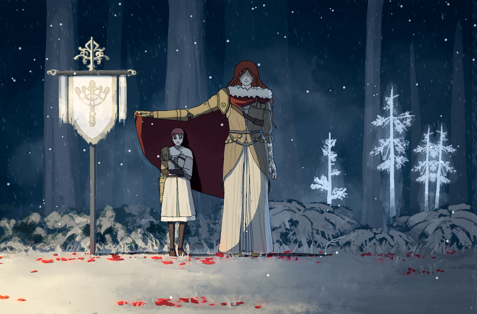 omnileaden, malenia blade of miquella, millicent (elden ring), elden ring, fromsoftware, highres, 2girls, amputee, cape, closed mouth, hair between eyes, height difference, holding own arm, mother and daughter, multiple girls, prosthesis, prosthetic arm, red hair, snow, tree, winter