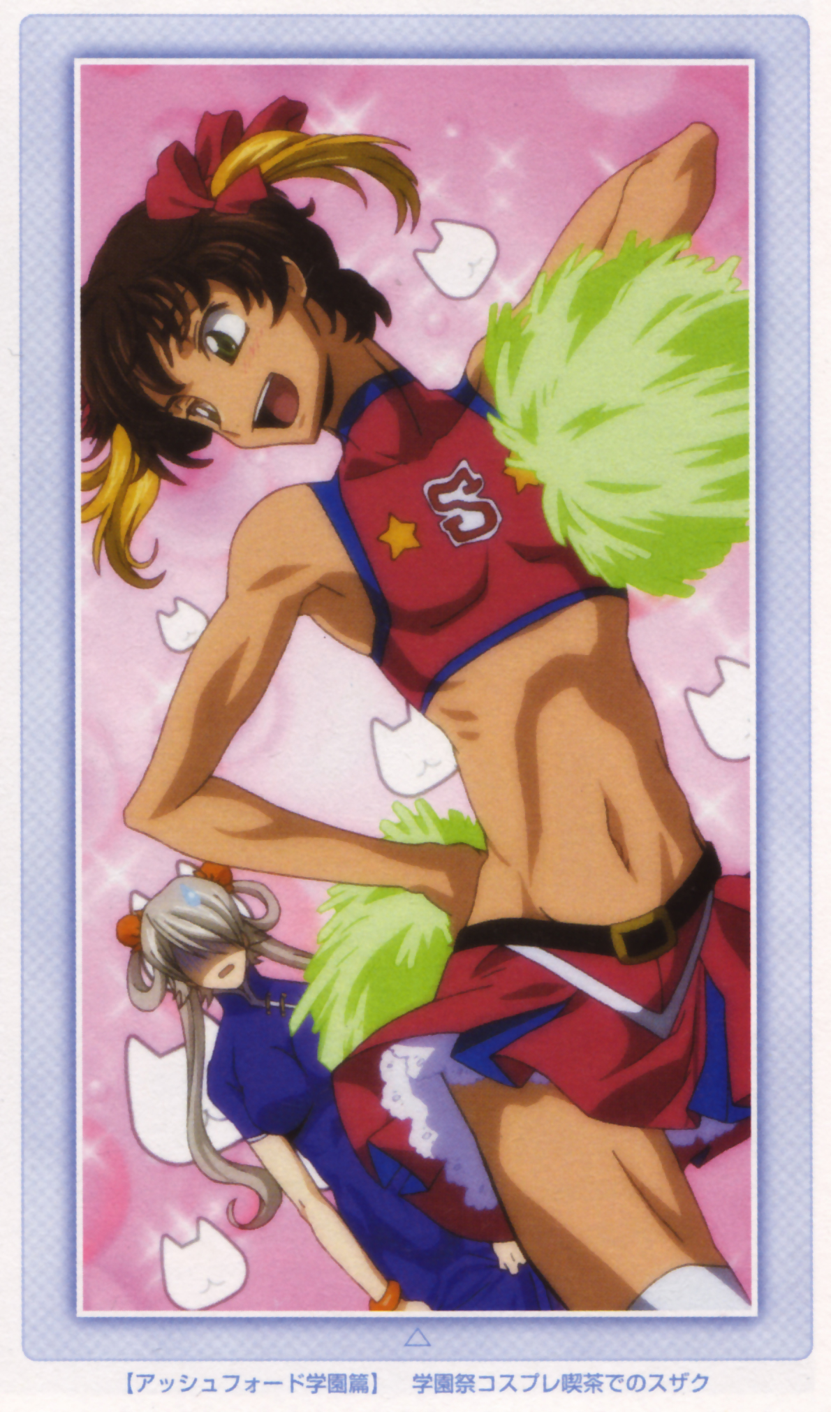 kururugi suzaku, rai (code geass), code geass, code geass: lost colors, highres, 00s, 2boys, blush, brown eyes, brown hair, cheerleader, crossdressing, crossdressing (mtf), male focus, multiple boys, navel, pom pom (cheerleading), skirt, smile, twintails, white hair