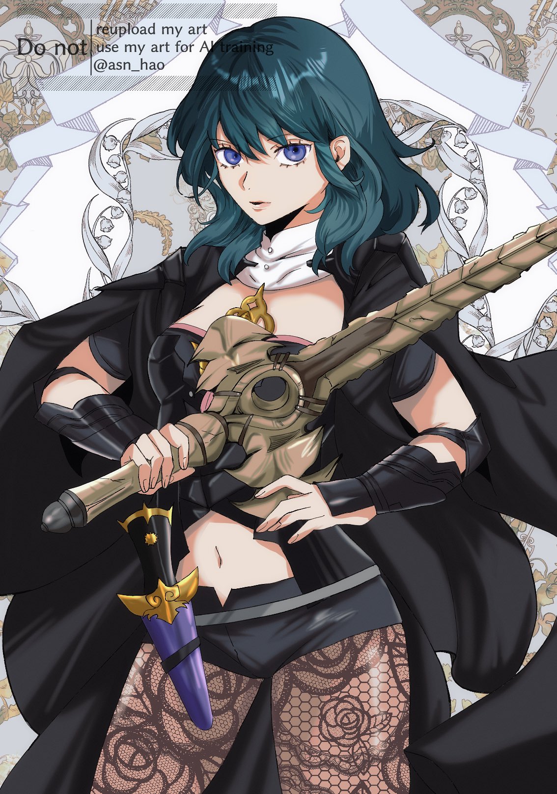 asn hao, female byleth (fire emblem), fire emblem, fire emblem: three houses, nintendo, highres, 1girl, armor, black armor, black cape, black shorts, blue eyes, blue hair, bodice, breasts, bustier, cape, clothing cutout, covered navel, cowboy shot, dagger, hair between eyes, holding, holding sword, holding weapon, knife, lace pantyhose, long hair, looking at viewer, medium hair, midriff, navel, navel cutout, pantyhose, pantyhose under shorts, parted lips, patterned legwear, sheath, sheathed, shorts, solo, sword, sword of the creator, vambraces, weapon