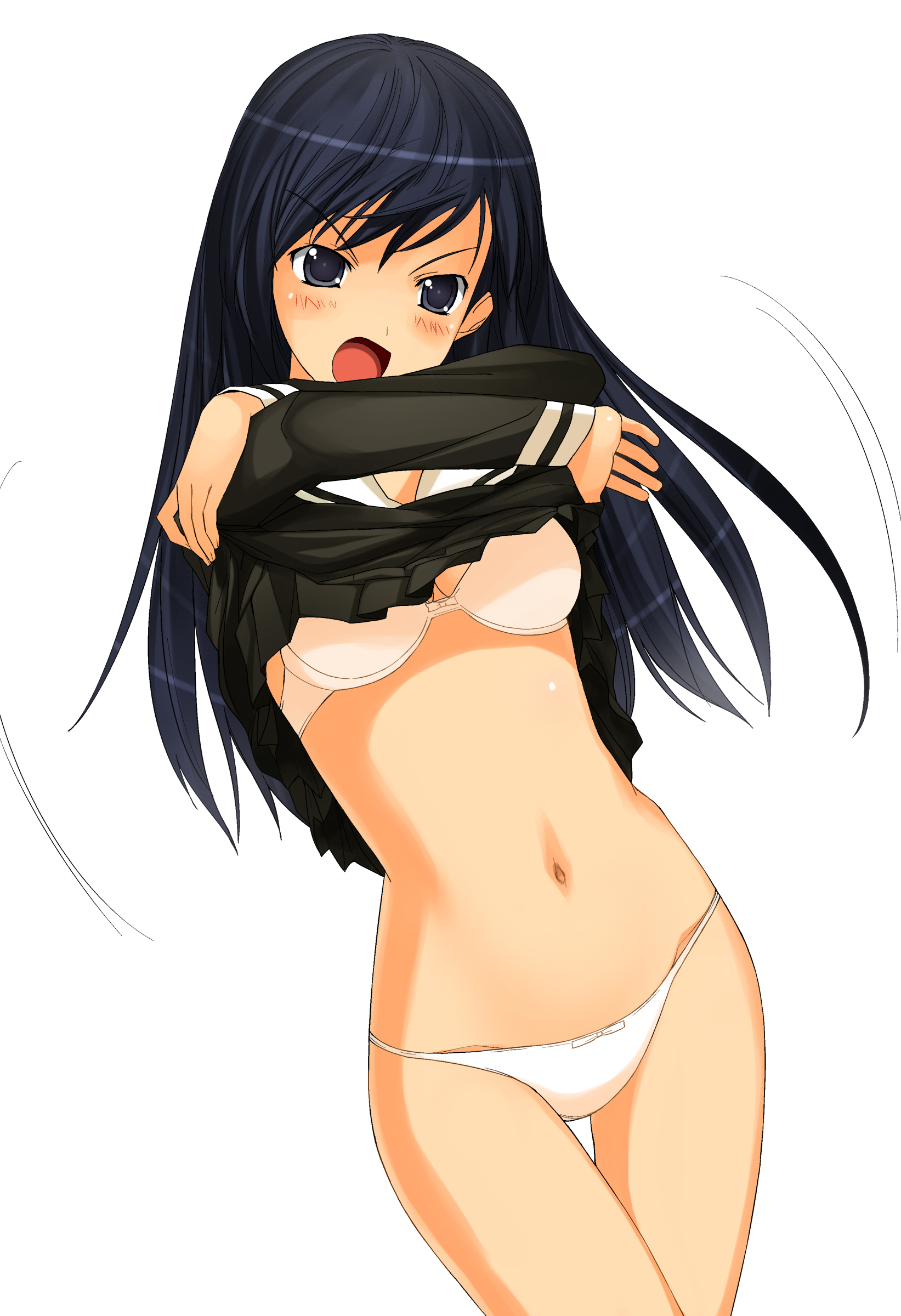 a1 (initial-g), ogasawara sachiko, maria-sama ga miteru, absurdres, highres, 00s, 1girl, angry, blue hair, blush, bra, clothes lift, female focus, hip focus, lingerie, long hair, navel, no pants, open mouth, panties, school uniform, serafuku, shirt lift, solo, underwear, undressing, white panties