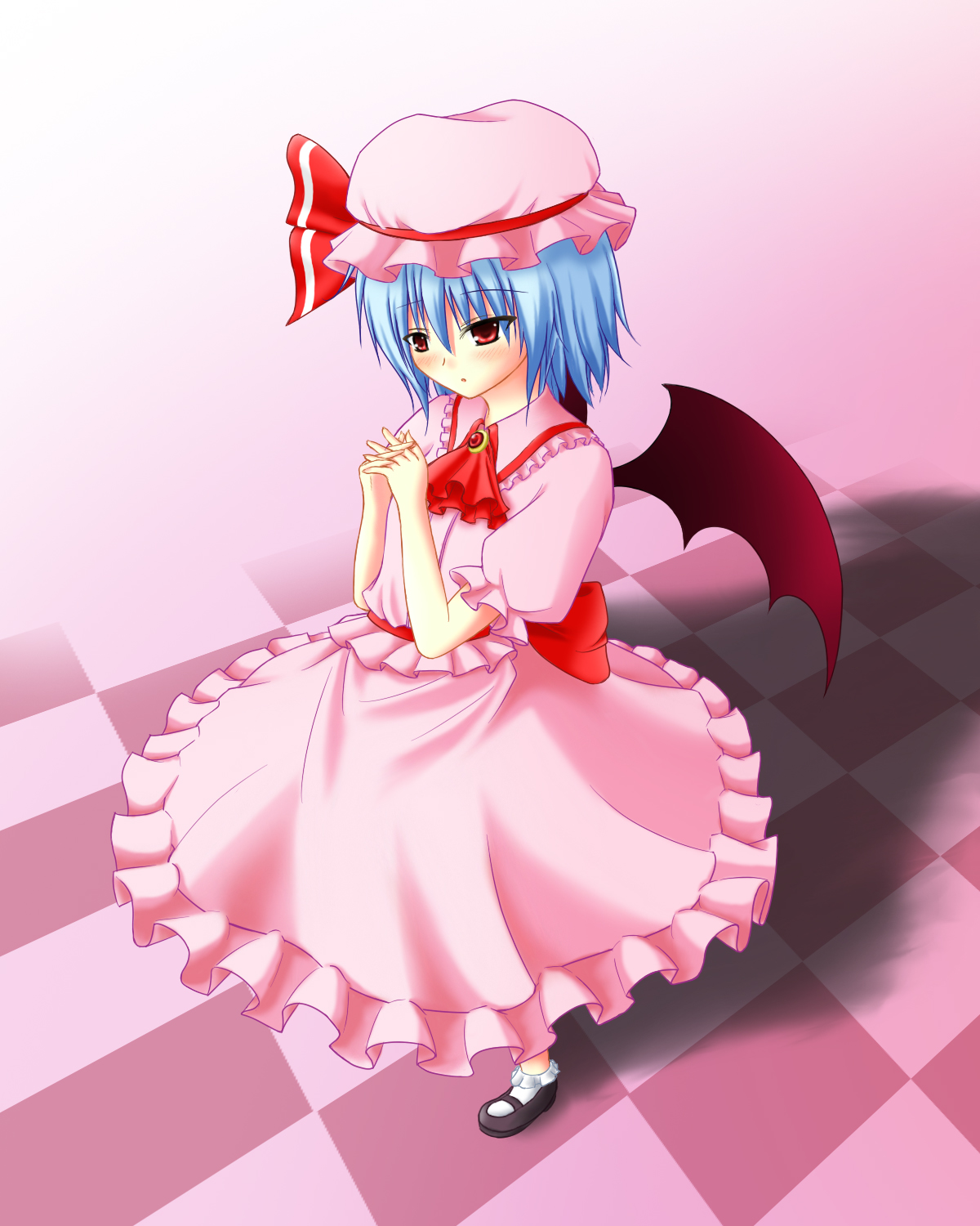 gokireddo, remilia scarlet, touhou, highres, 1girl, blue hair, female focus, full body, hat, ribbon, short hair, skirt, solo, wings