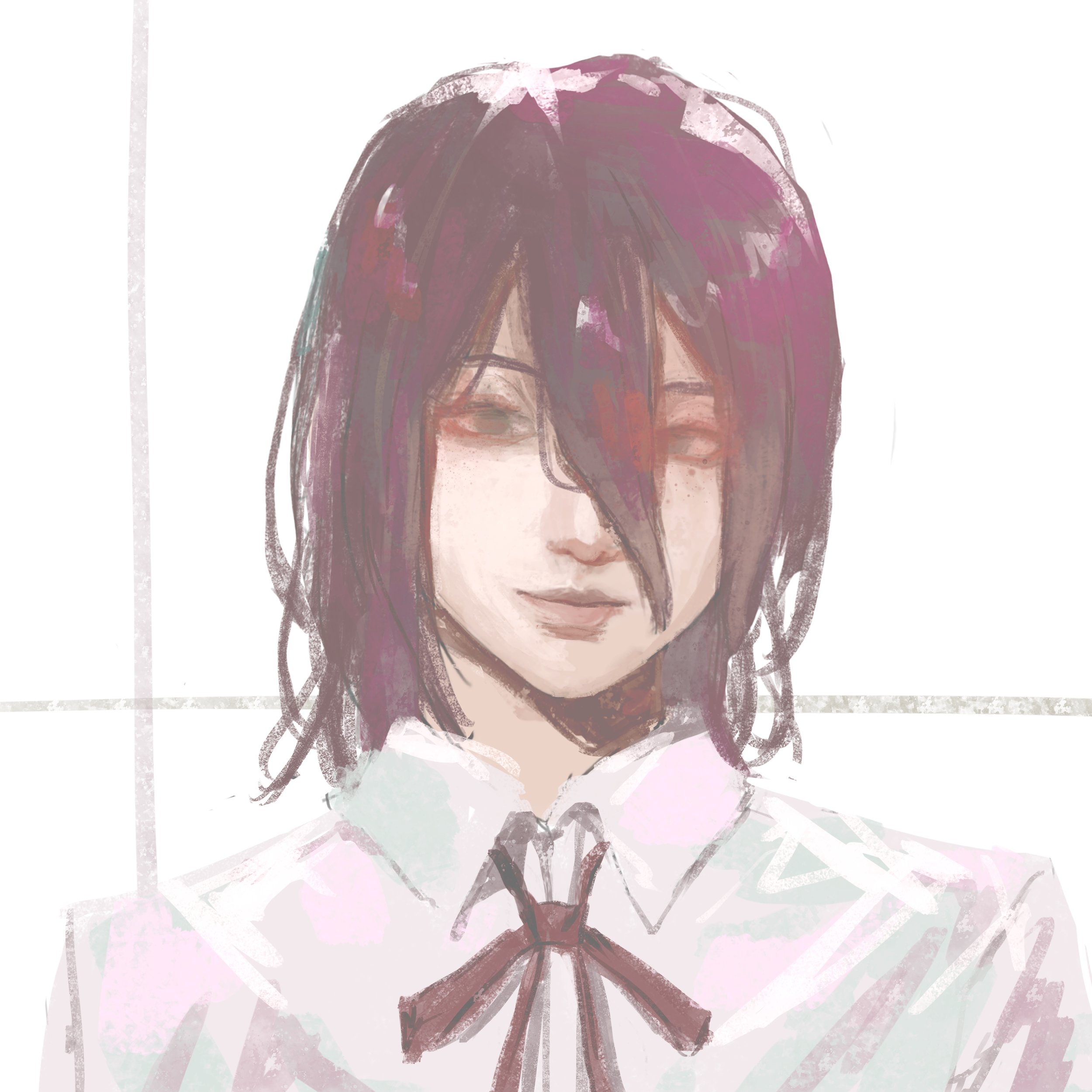 reze (chainsaw man), chainsaw man, absurdres, commentary, english commentary, highres, 1girl, black ribbon, closed mouth, collared shirt, entomma, grey eyes, hair between eyes, looking at viewer, neck ribbon, purple hair, ribbon, shirt, solo, white background, white shirt