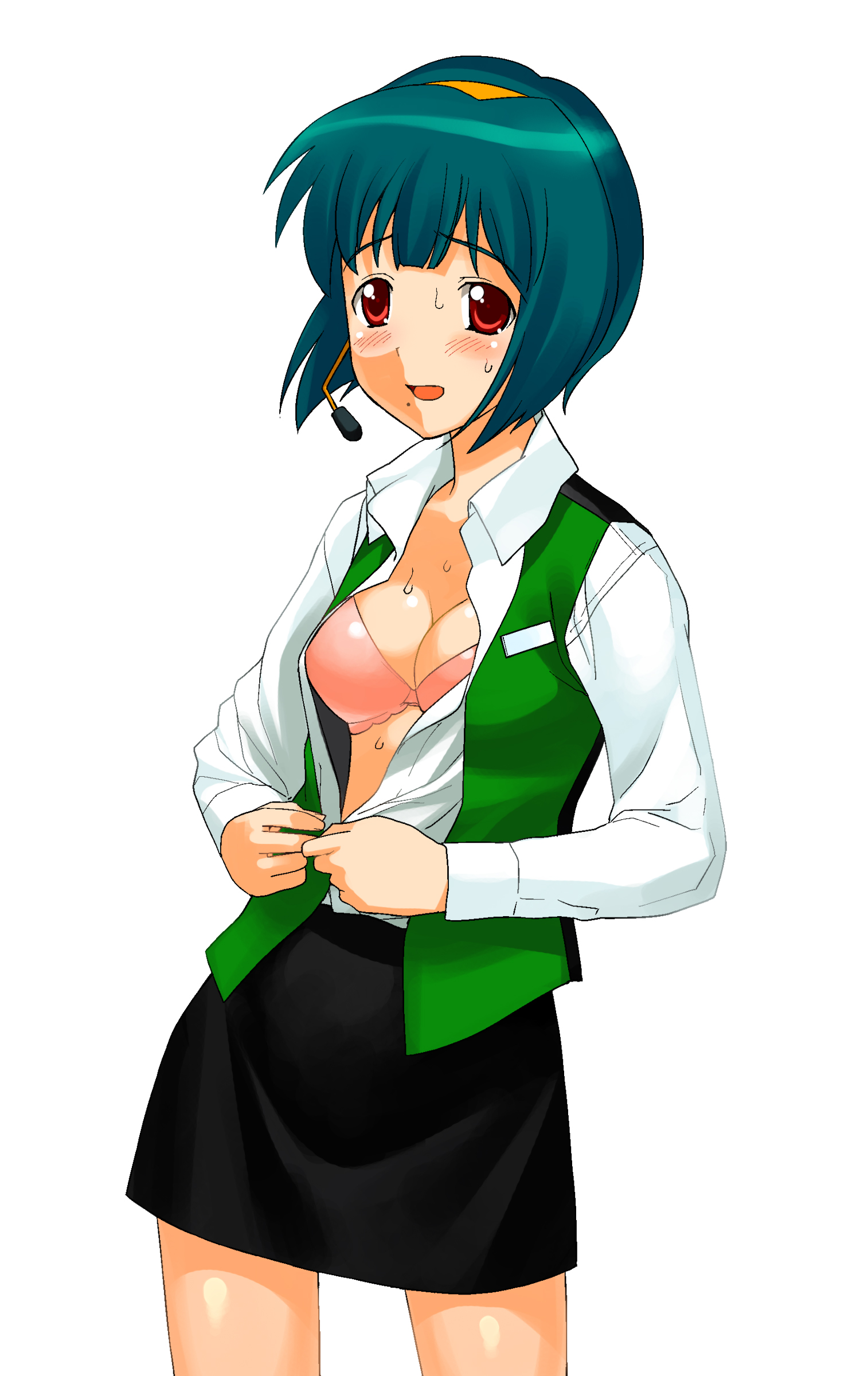 a1 (initial-g), otonashi kotori, idolmaster, idolmaster (classic), idolmaster 1, uniform, absurdres, highres, 00s, 1girl, blush, bra, breasts, cleavage, female focus, green hair, hairband, lingerie, medium breasts, microphone, miniskirt, mole, mole under mouth, open clothes, open mouth, open shirt, pencil skirt, red eyes, shirt, short hair, skirt, solo, standing, sweat, thighhighs, underwear, undressing