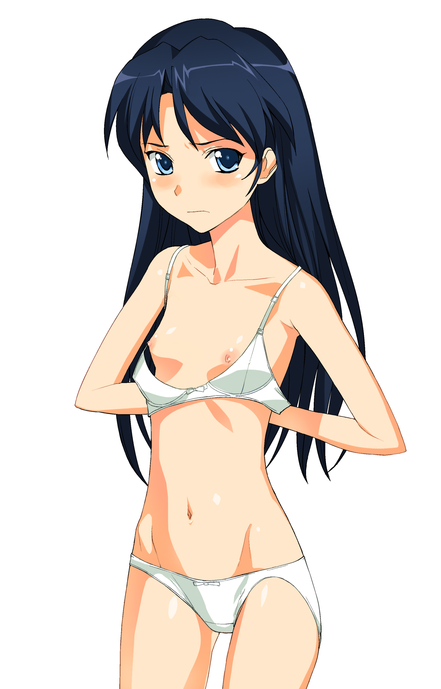 a1 (initial-g), kisaragi chihaya, idolmaster, idolmaster (classic), idolmaster 1, absurdres, highres, 00s, 1girl, blue eyes, blue hair, blush, bra, breasts, female focus, flat chest, lingerie, long hair, matching hair/eyes, navel, nipples, panties, solo, standing, underwear, underwear only, undressing, white panties