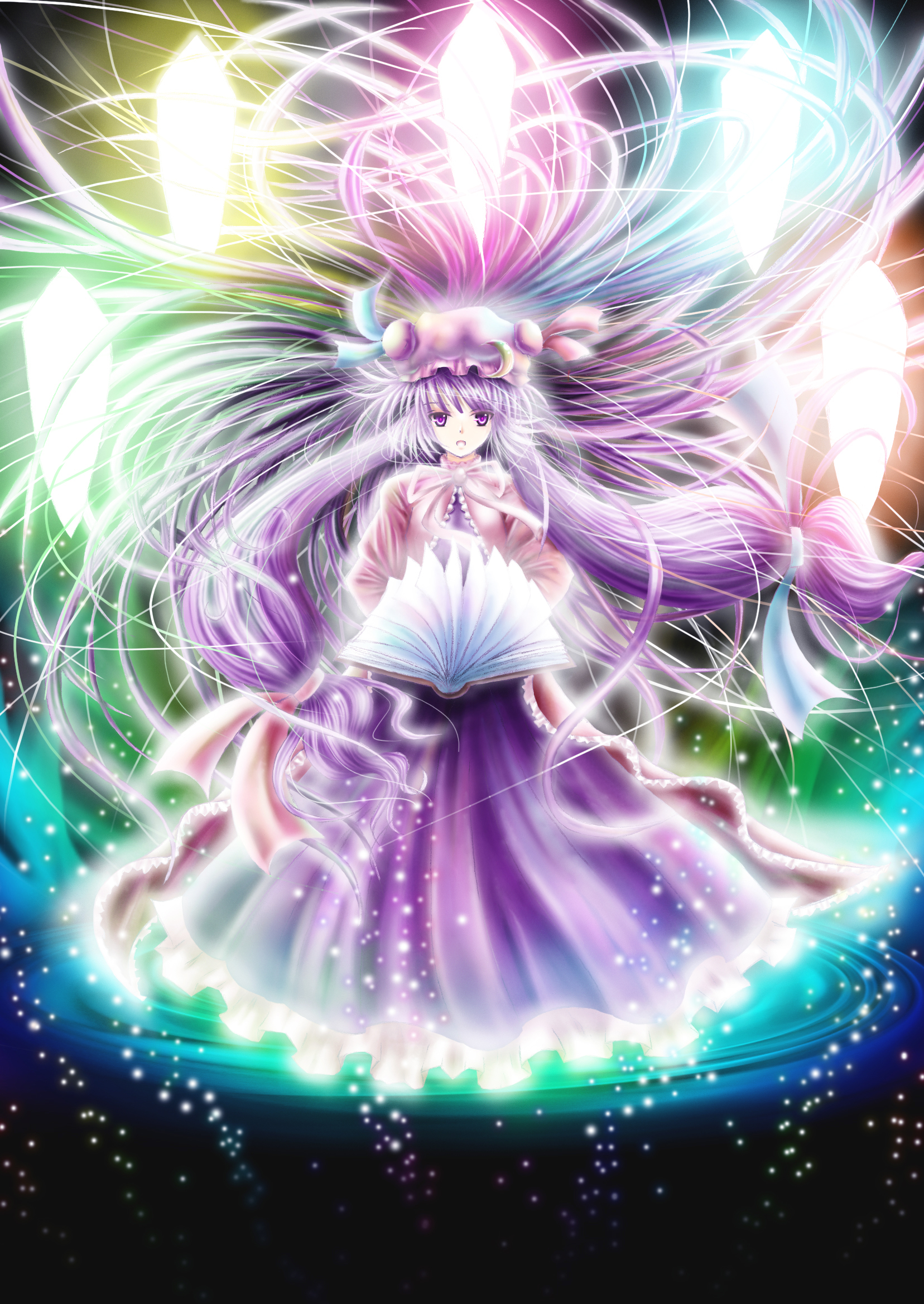 saber 01, patchouli knowledge, touhou, highres, 1girl, black background, book, crystal, female focus, full body, hat, long hair, purple hair, ribbon, solo