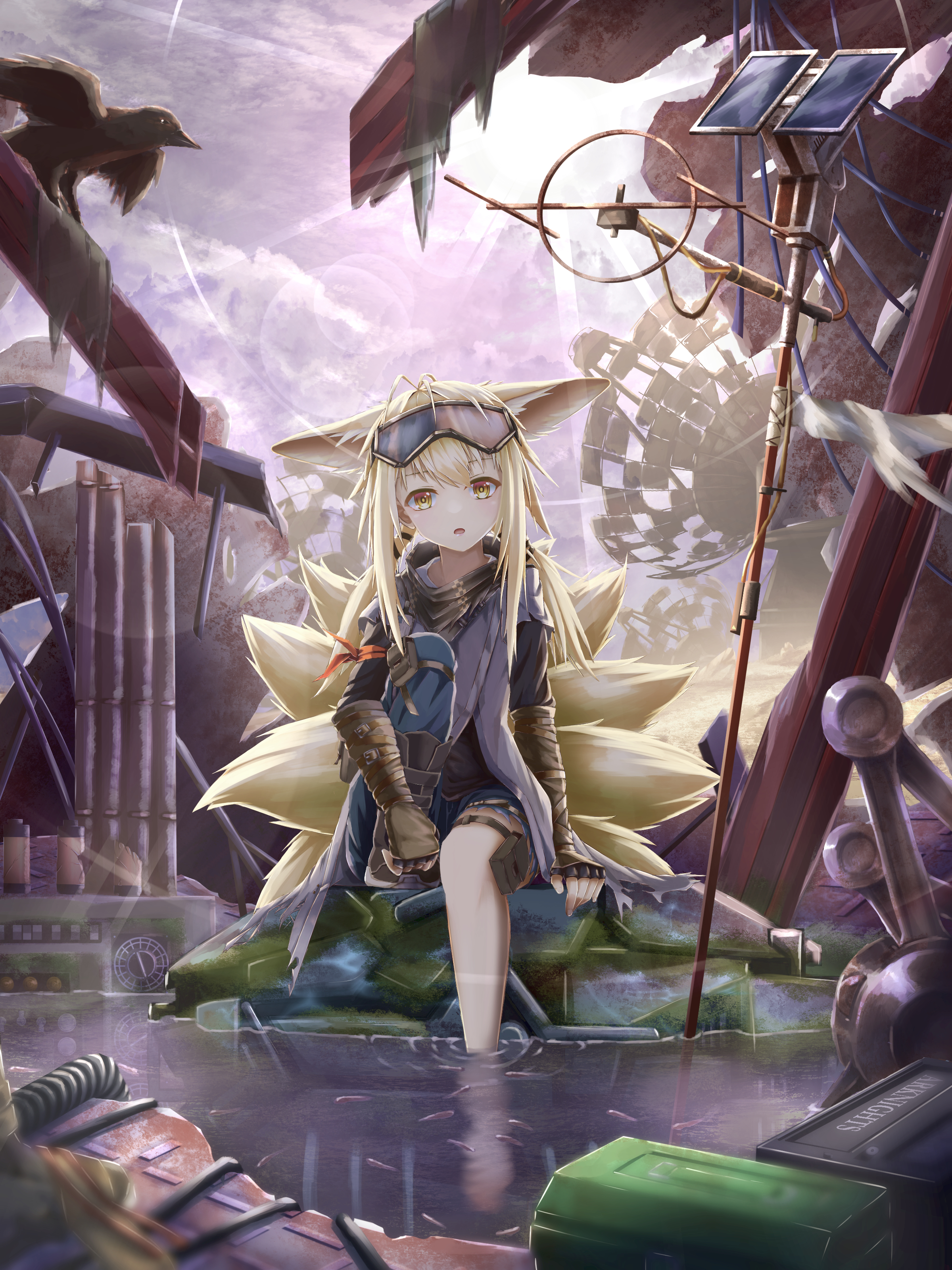 crudefish, suzuran (arknights), suzuran (lostlands flowering) (arknights), arknights, absurdres, commentary request, highres, revision, 1girl, animal ears, barefoot, bird, blonde hair, copyright name, crow, fingerless gloves, fish, fox ears, fox girl, fox tail, gauntlets, gloves, goggles, goggles on head, kitsune, knee up, multiple tails, ruins, satellite dish, shirt, single bare foot, soaking feet, solo, tail, utility pole, white shirt, yellow eyes
