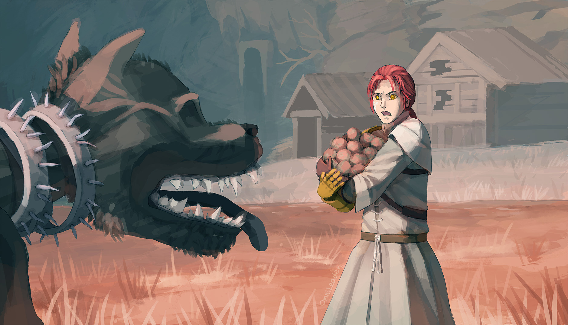 omnileaden, millicent (elden ring), elden ring, fromsoftware, highres, 1girl, amputee, animal, dog, hair between eyes, holding, mother and daughter, open mouth, ponytail, prosthesis, prosthetic arm, red hair, tongue, tongue out, yellow eyes