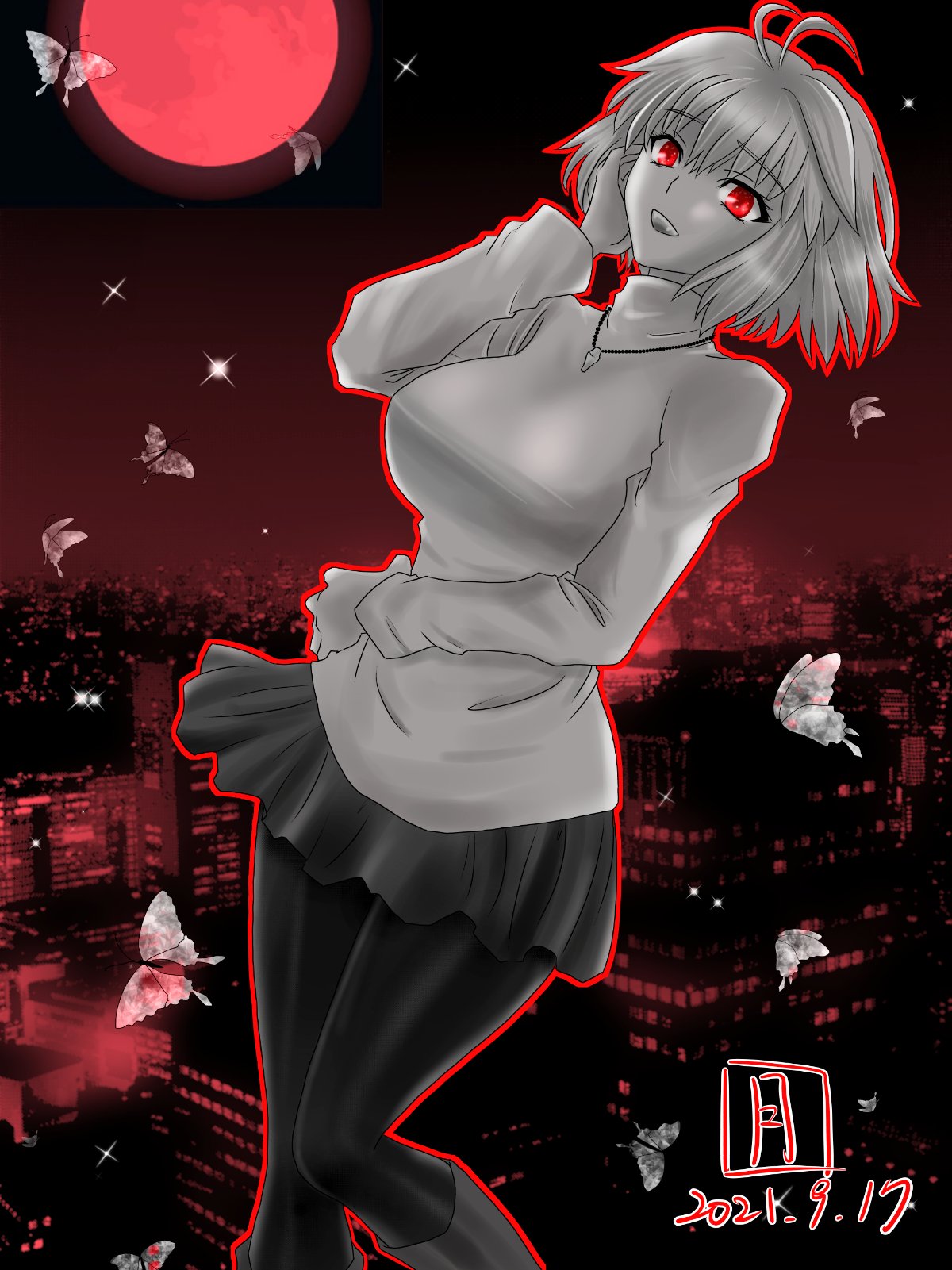 sorano tsukiyo, arcueid brunestud, tsukihime, tsukihime (remake), highres, 1girl, ahoge, boots, breasts, bug, building, butterfly, city, floating clothes, floating hair, full moon, hair between eyes, hand on own cheek, hand on own face, hand on own stomach, huge breasts, insect, jewelry, looking at viewer, monochrome, moon, necklace, open mouth, pantyhose, red eyes, red moon, short hair, skirt, smile