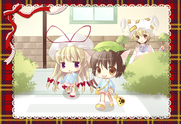 futaba miwa, chen, yakumo ran, yakumo yukari, touhou, bad id, bad pixiv id, 3girls, animal hat, blonde hair, chibi, child, female focus, hat, long hair, long sleeves, mob cap, multiple girls, outdoors, ribbon, short hair, skirt, tassel