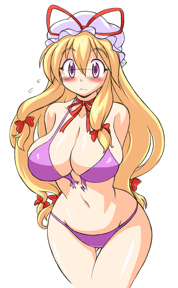 goma miso gtb, gomamiso (gomamiso sp), yakumo yukari, touhou, 1girl, bikini, blonde hair, blush, breasts, cleavage, curvy, female focus, hat, hip focus, huge breasts, long hair, purple eyes, ribbon, simple background, solo, swimsuit, torn clothes, wardrobe malfunction, white background, wide hips