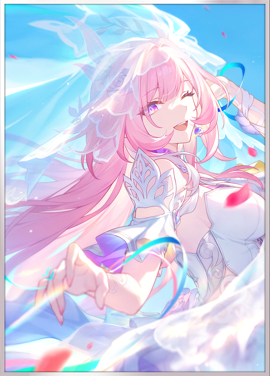 cyrene (honkai: star rail), cyrene (ripples of past reverie) (honkai: star rail), honkai: star rail, honkai (series), highres, official art, third-party source, 1girl, ;o, blue sky, breasts, bridal veil, diamond-shaped pupils, diamond (shape), dress, falling petals, from side, large breasts, long hair, one eye closed, petals, pink hair, pink nails, purple eyes, sky, smile, solo, symbol-shaped pupils, veil, very long hair, white dress