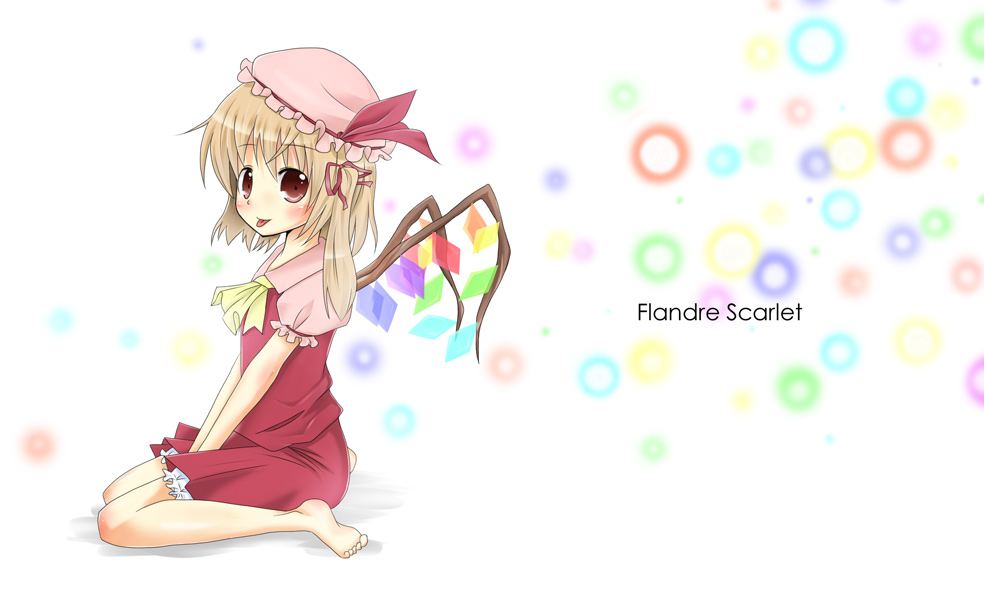 aiba kou, flandre scarlet, touhou, 1girl, :p, barefoot, blonde hair, character name, female focus, full body, hat, mob cap, ponytail, ribbon, short hair, sitting, solo, tongue, tongue out, white background, wings