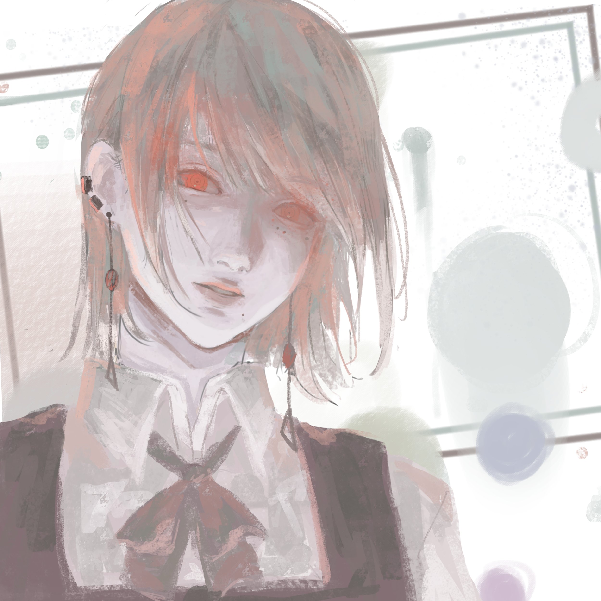 fami (chainsaw man), chainsaw man, absurdres, highres, 1girl, black dress, dress, earrings, entomma, grey shirt, jewelry, looking at viewer, mole, mole under eye, mole under mouth, multiple moles, parted lips, pinafore dress, red eyes, red hair, ringed eyes, shirt, sleeveless, sleeveless dress, solo