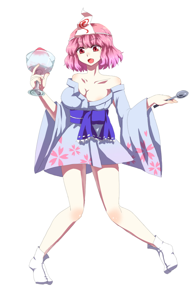 mizu mochi, saigyouji yuyuko, touhou, bad id, bad pixiv id, 1girl, blue kimono, breasts, dress, female focus, food, full body, ice cream, japanese clothes, kimono, pink hair, short hair, simple background, solo, white background, yukata