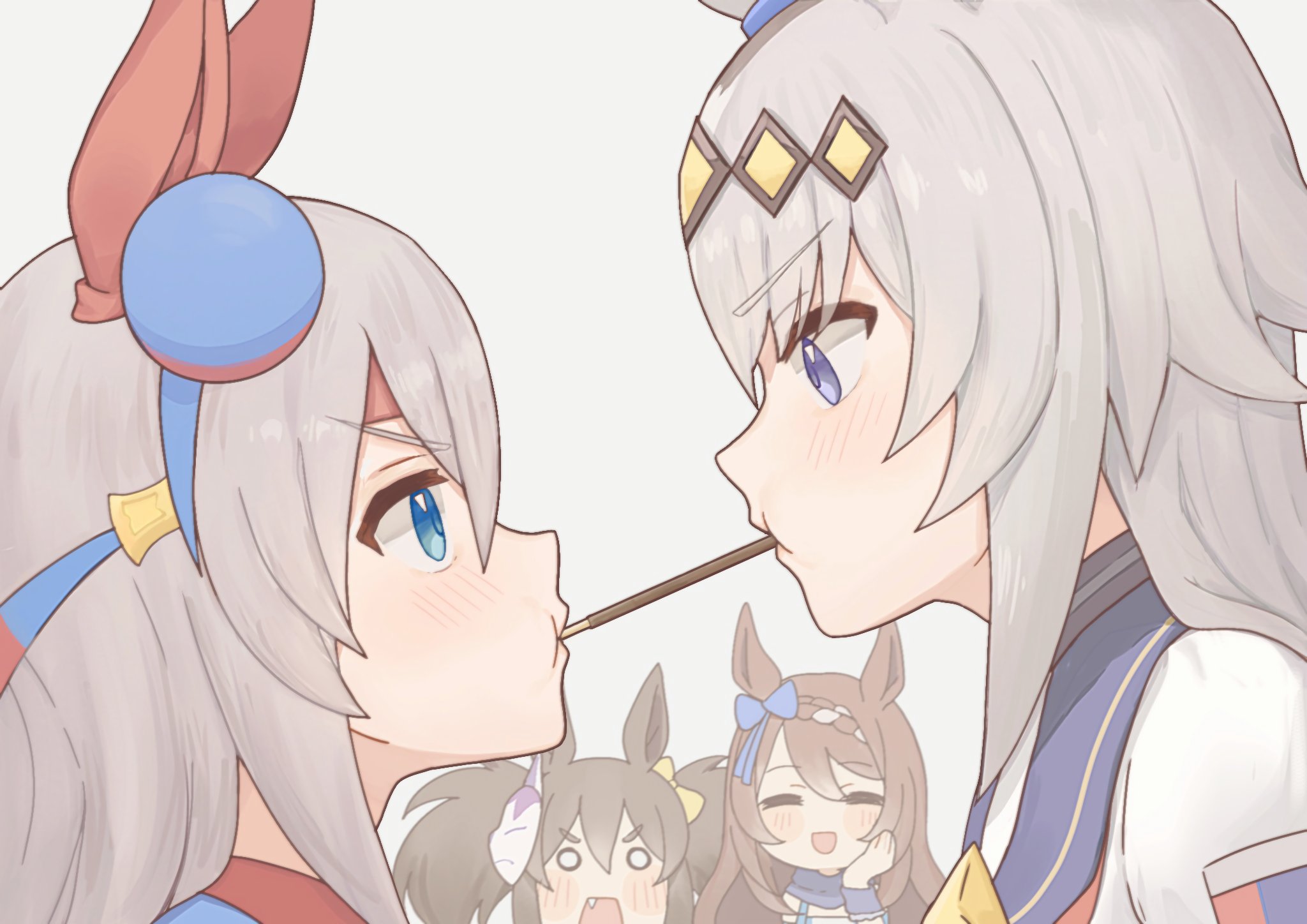 inari one (inari yukari edomurasaki) (umamusume), inari one (umamusume), oguri cap (starlight beat) (umamusume), oguri cap (umamusume), super creek (murmuring stream) (umamusume), super creek (umamusume), tamamo cross (umamusume), tamamo cross (with lightning speed) (umamusume), umamusume, highres, 4girls, ahoge, animal ears, blue eyes, blue hairband, blue jacket, blue sailor collar, blue scarf, blush, bow, braid, brooch, brown hair, closed eyes, ear bow, ear covers, ear ornament, fang, food, food in mouth, fox mask, grey hair, hair between eyes, hair ornament, hairband, headband, horse ears, horse girl, jacket, jewelry, long hair, looking at another, mask, mask on head, multicolored hair, multiple girls, neckerchief, o o, open mouth, pocky, pocky in mouth, pocky kiss, red headband, red neckerchief, sailor collar, scarf, shared food, shirt, smile, star brooch, streaked hair, striped clothes, striped hairband, taa in1, twintails, upper body, very long hair, white hair, white shirt, yuri