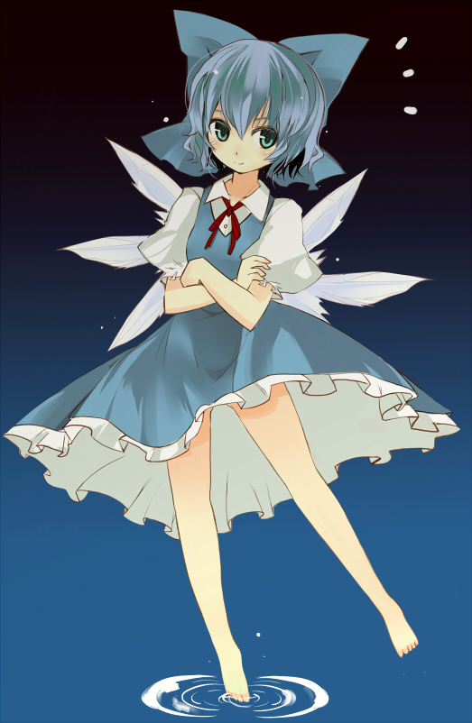 takaharu, cirno, embodiment of scarlet devil, touhou, bad id, bad pixiv id, 1girl, barefoot, blue hair, dress, female focus, full body, gradient background, hair between eyes, ribbon, short hair, solo, water, wings