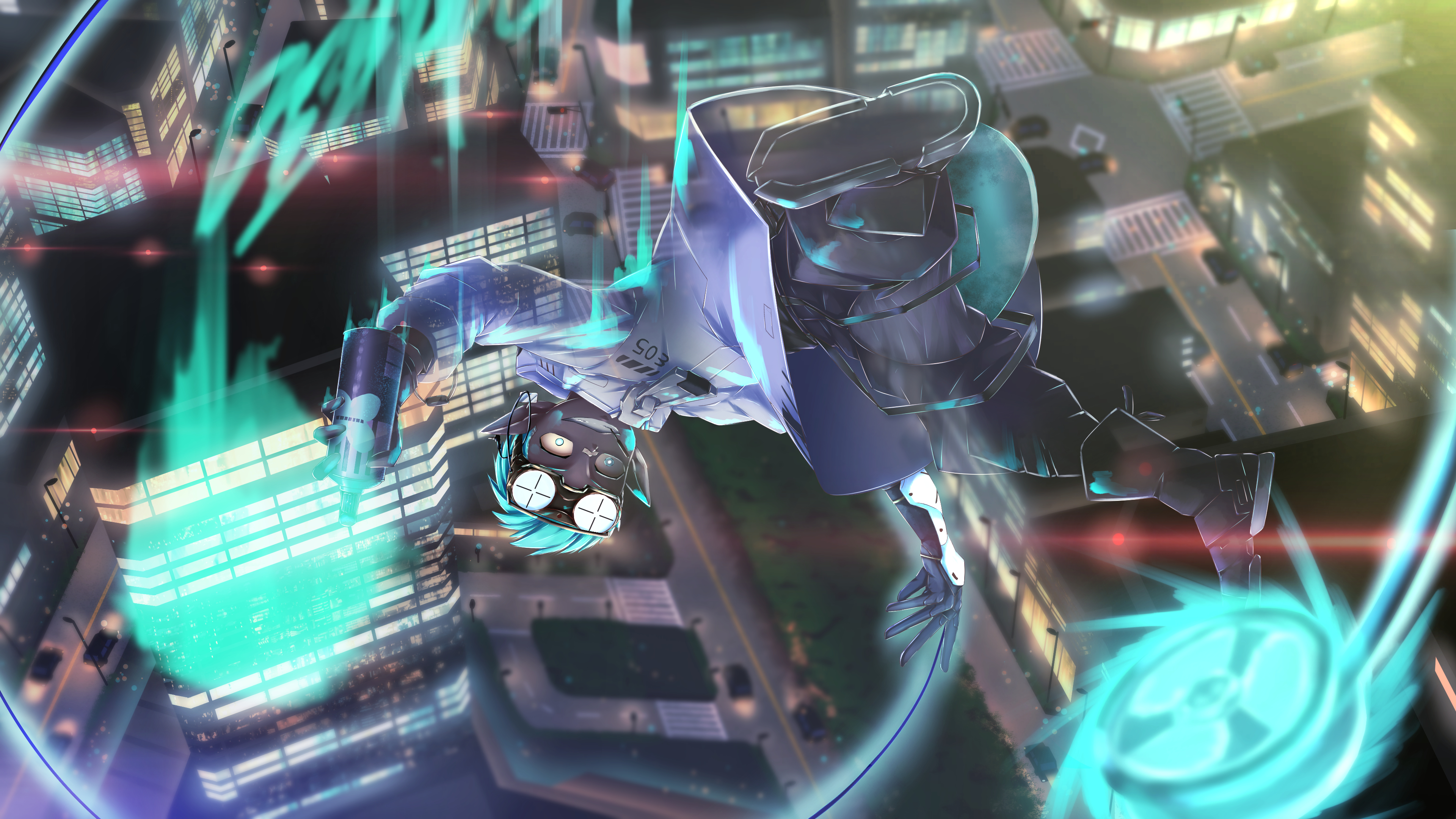 crudefish, ethan (arknights), arknights, invisible man, absurdres, commentary request, highres, revision, 1boy, aqua hair, bandaid, bandaid on face, bandaid on nose, black gloves, black pants, chameleon tail, city, coat, dark-skinned male, dark skin, falling, from above, gloves, goggles, goggles on head, graffiti, male focus, mismatched pupils, motor vehicle, oversized zipper, pants, pointy ears, rubber gloves, short hair, solo, spray paint, tail, very dark skin, white coat, yo-yo, zipper