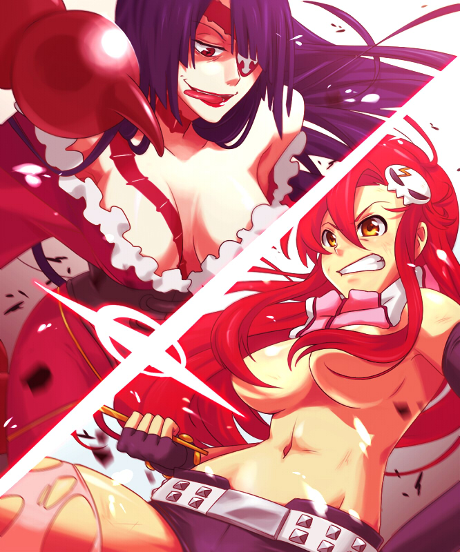 sako (namocake), adiane, yoko littner, tengen toppa gurren lagann, torn legwear, 00s, 2girls, belt, blue hair, breasts, cleavage, corset, dress, elbow gloves, eyepatch, fingerless gloves, gloves, hair ornament, long hair, multiple girls, pink thighhighs, ponytail, purple hair, red eyes, red hair, scarf, scorpion tail, shorts, tail, thighhighs, tongue, topless female, torn clothes, yellow eyes