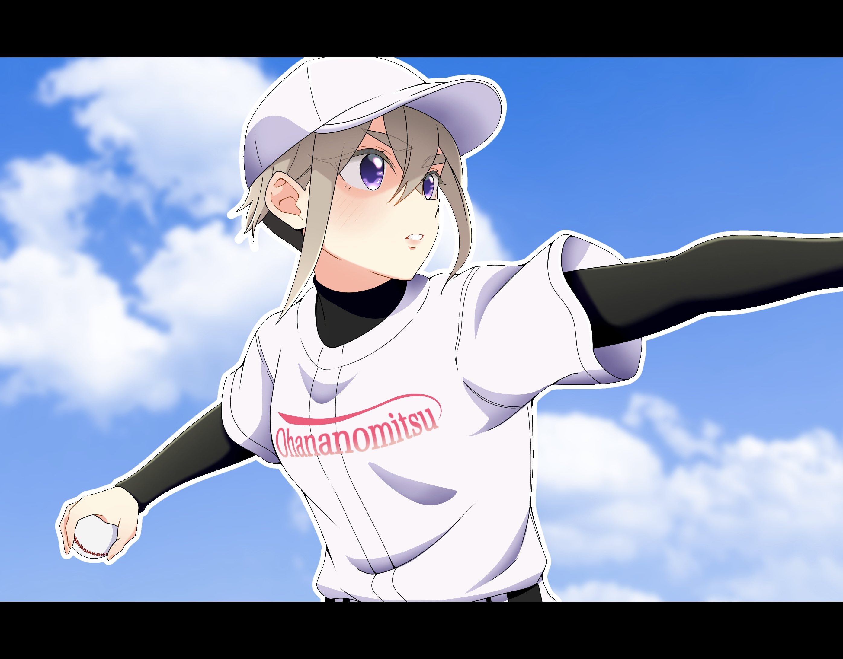 sutou iku, kimi no koto ga dai dai dai dai daisuki na 100-nin no kanojo, commentary request, highres, 1girl, ball, baseball, baseball cap, black shirt, blue sky, clothes writing, cloud, day, eyelashes, grey hair, hat, holding, holding ball, letterboxed, long sleeves, outline, pack0130, purple eyes, shirt, short hair, short sleeves, sidelocks, sky, solo, undercut, undershirt, upper body, very short hair, white hat, white outline, white shirt