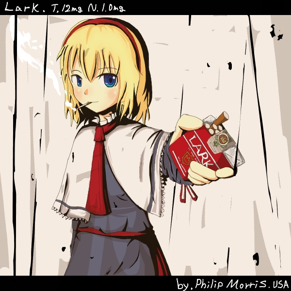doronko, alice margatroid, touhou, bad id, bad pixiv id, 1girl, blonde hair, cigarette, female focus, letterboxed, short hair, smoking, solo, standing