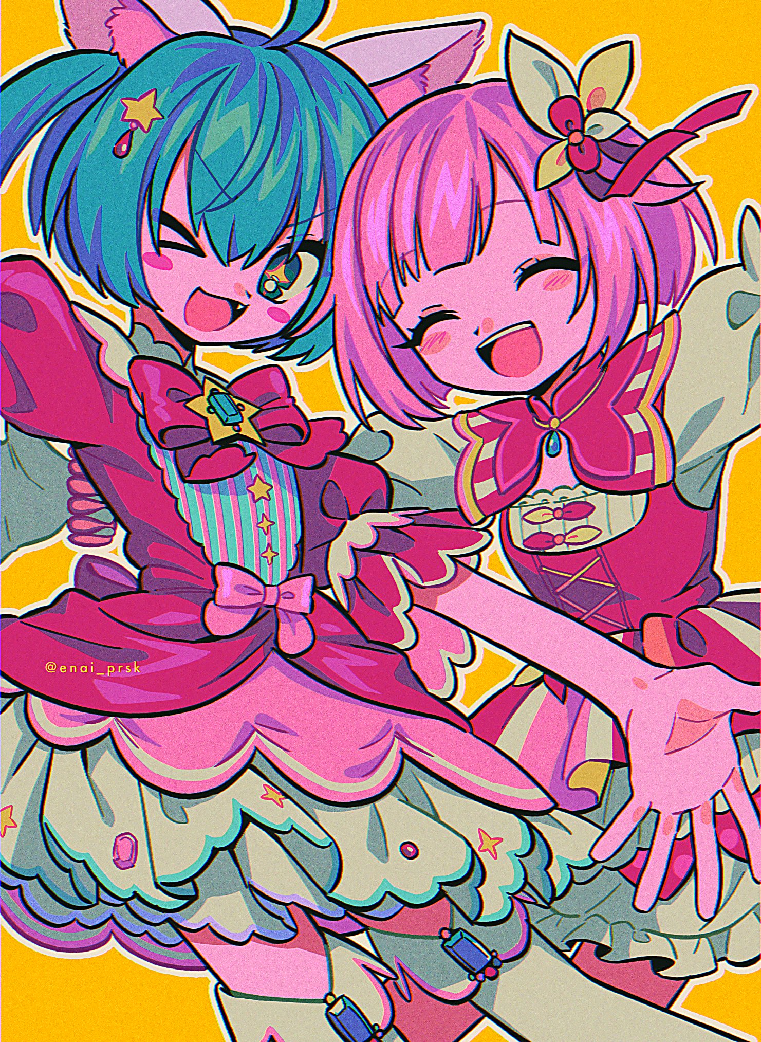 menma (enaic31), hatsune miku, ootori emu, wonderlands x showtime miku, project sekai, vocaloid, commentary request, highres, > o, + +, 2girls, :d, ;3, ;d, ^ ^, ahoge, animal ears, blue eyes, blue hair, blush stickers, bow, bowtie, cat ears, chromatic aberration, closed eyes, cowboy shot, cross-laced clothes, cross-laced dress, dress, fake animal ears, fang, faux retro artstyle, film grain, frilled sleeves, frills, hair between eyes, hair bow, hair ornament, long hair, looking at viewer, multiple girls, one eye closed, open mouth, orange background, outline, outstretched arm, petticoat, pink bow, pink bowtie, pink dress, pink hair, puffy short sleeves, puffy sleeves, shirt, short dress, short hair, short sleeves, simple background, smile, standing, star (symbol), star hair ornament, teeth, thighhighs, tongue, twitter username, upper teeth only, white outline, white shirt, white thighhighs, yellow pupils, zettai ryouiki