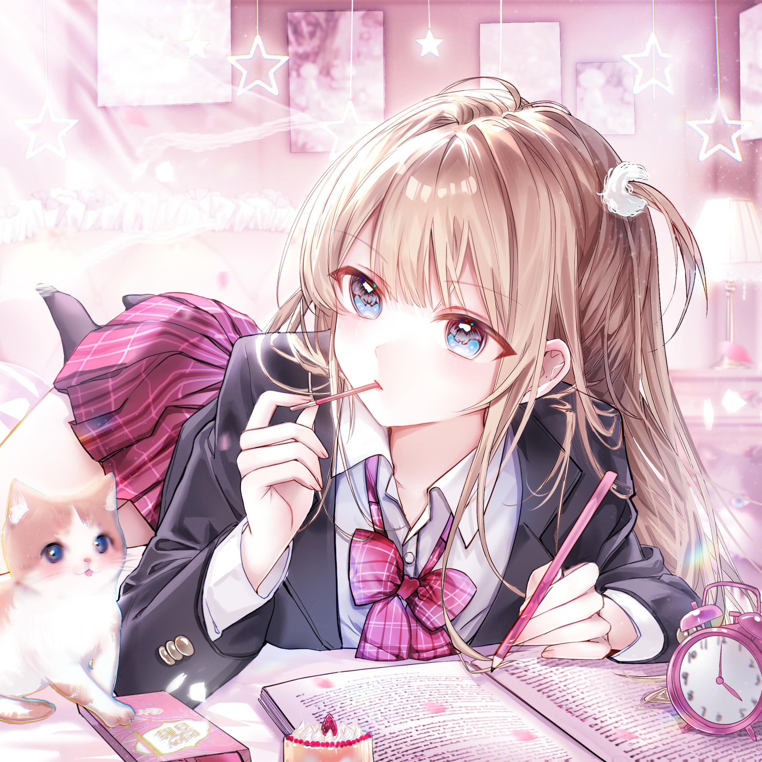 kengdeji, original, absurdres, highres, large variant set, variant set, 1girl, bed, black jacket, black socks, blazer, blonde hair, blue eyes, book, bow, bowtie, brown hair, cat, clock, collared shirt, food, hair ornament, holding, indoors, jacket, lamp, long hair, long sleeves, lying, on bed, on stomach, pen, phone, picture frame, pillow, pink bow, plaid clothes, plaid skirt, pleated skirt, pocky, red skirt, school uniform, shirt, skirt, socks, solo, white shirt
