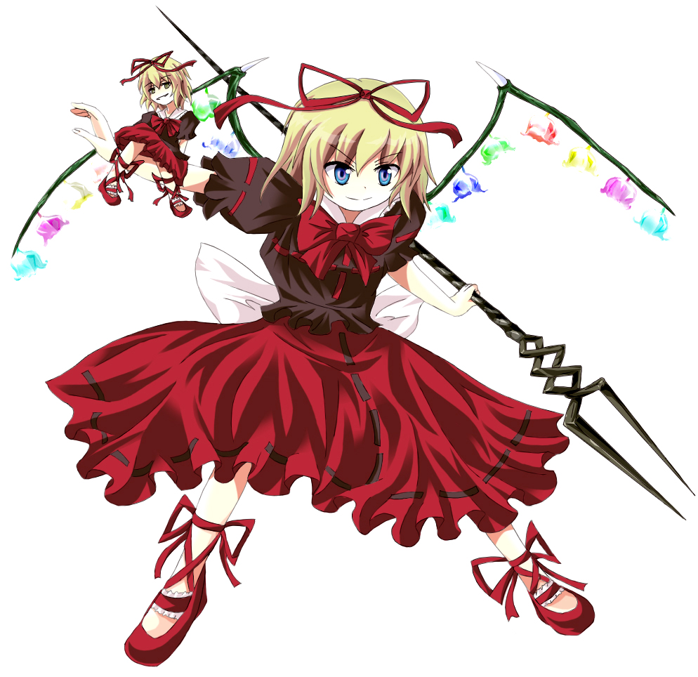 harapeko pikatyu, tamago gohan, flandre scarlet, medicine melancholy, touhou, bad id, bad pixiv id, 2girls, bident, blonde hair, doll, female focus, full body, if they mated, lance of longinus (evangelion), legs apart, multiple girls, polearm, ribbon, ribbon-trimmed skirt, ribbon trim, short hair, simple background, spear, standing, weapon, white background, wings