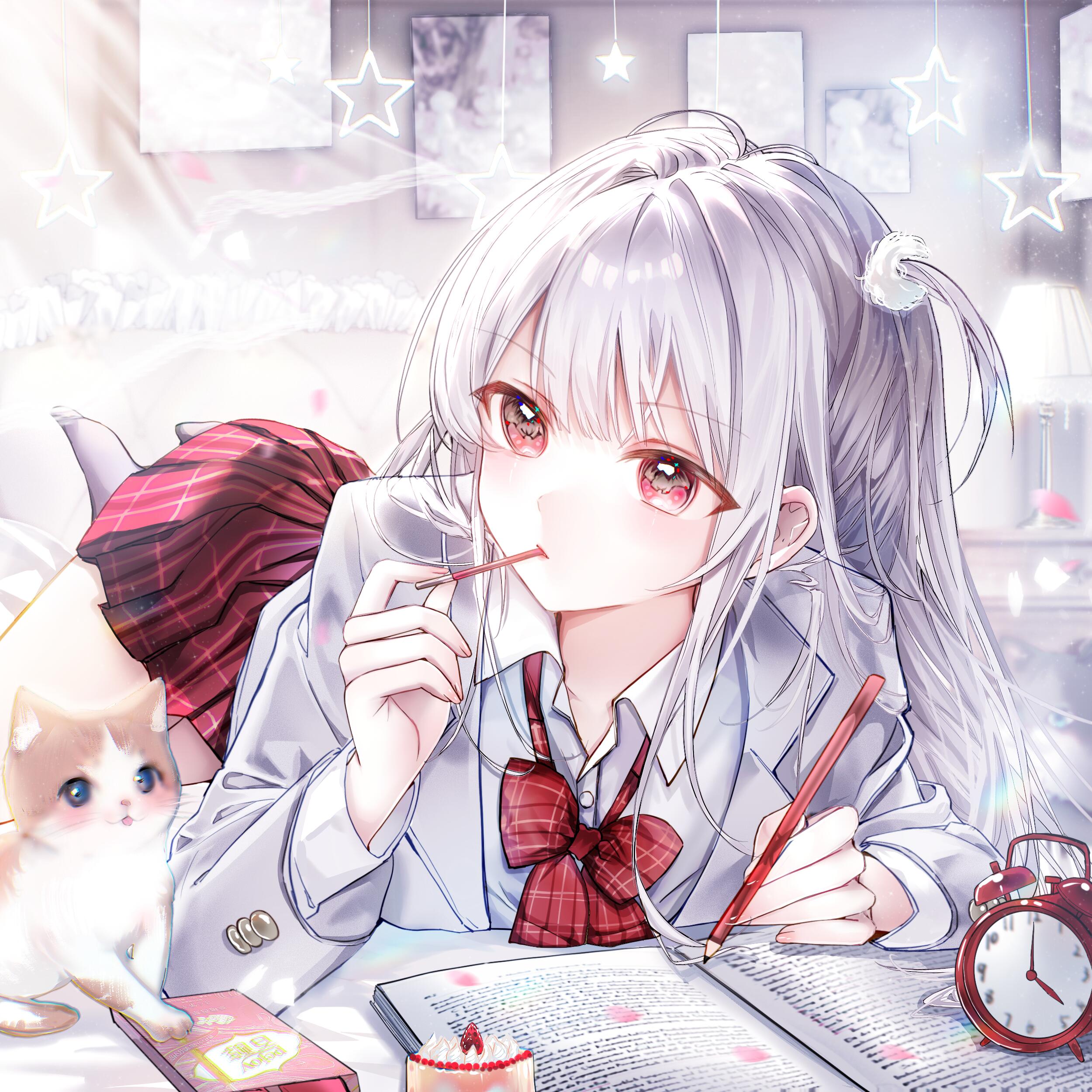 kengdeji, original, absurdres, highres, large variant set, variant set, 1girl, blazer, book, bow, bowtie, cat, clock, collared shirt, curtains, food, grey jacket, hair ornament, holding, indoors, jacket, long hair, long sleeves, lying, on bed, on stomach, pen, pencil, pillow, plaid clothes, plaid skirt, pleated skirt, red bow, red bowtie, red eyes, red skirt, school uniform, shirt, skirt, socks, solo, white hair, white shirt