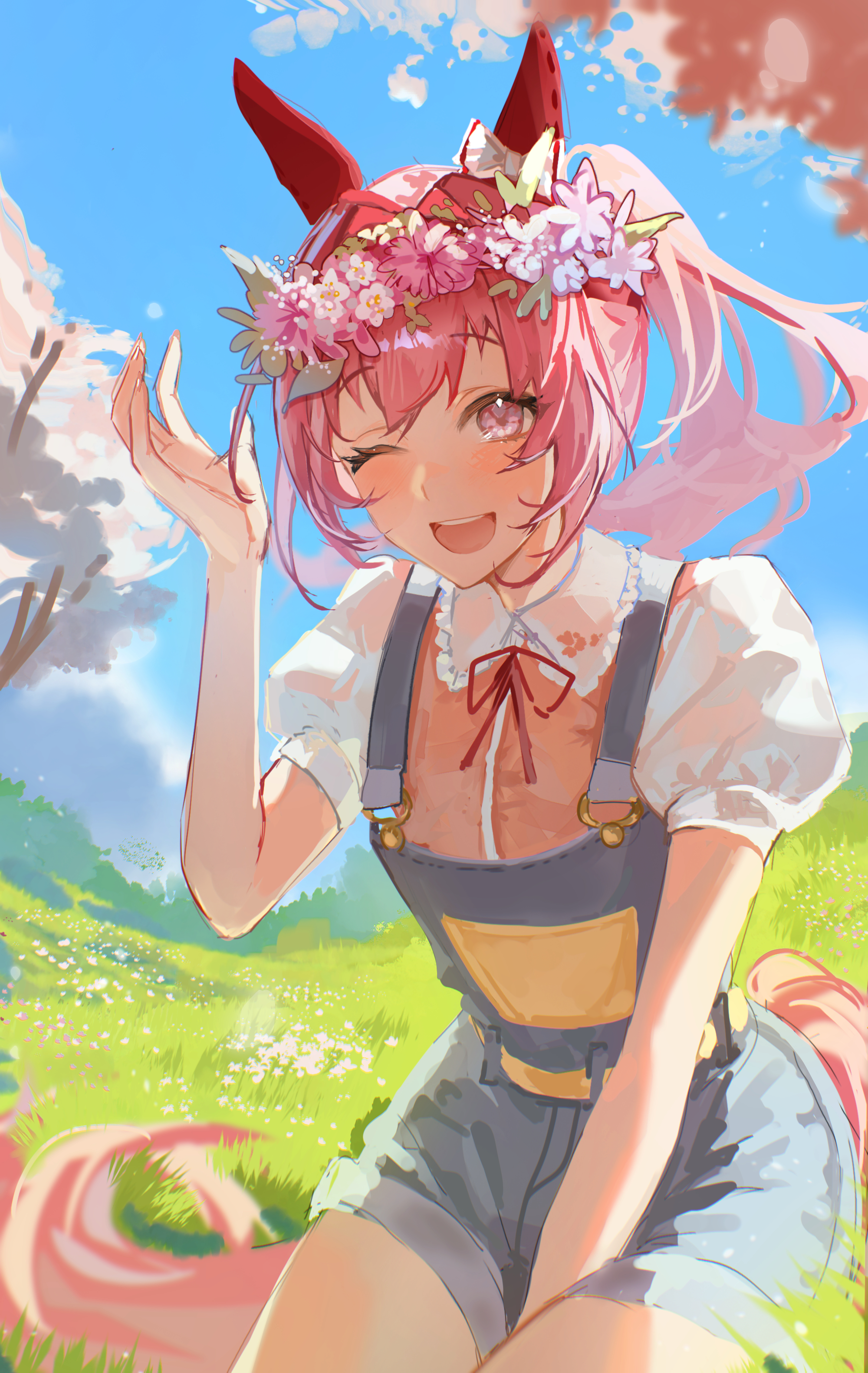 choripan, haru urara (casual) (umamusume), haru urara (umamusume), umamusume, absurdres, highres, 1girl, animal ears, blue overalls, blue sky, blush, bow, cherry blossoms, cloud, ear bow, ear covers, field, flower, flower-shaped pupils, flower in eye, grass, hair flower, hair ornament, hairband, head wreath, headband, horse ears, horse girl, horse tail, long hair, one eye closed, open mouth, outdoors, overall shorts, overalls, pink eyes, pink hair, pink headband, pink shirt, ponytail, red headband, ribbon, shirt, short sleeves, sky, smile, solo, symbol-shaped pupils, symbol in eye, tail, teeth, tree, upper teeth only