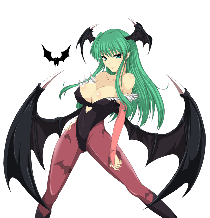 iwamoto eiri, morrigan aensland, capcom, darkstalkers, black footwear, hands on hip, bad id, bad pixiv id, 1girl, bare shoulders, bat (animal), black leotard, breasts, bridal gauntlets, cleavage, clothing cutout, collarbone, demon girl, demon wings, female focus, green eyes, green hair, head wings, heart cutout, large breasts, leotard, long hair, looking at viewer, matching hair/eyes, pantyhose, purple pantyhose, solo, wings