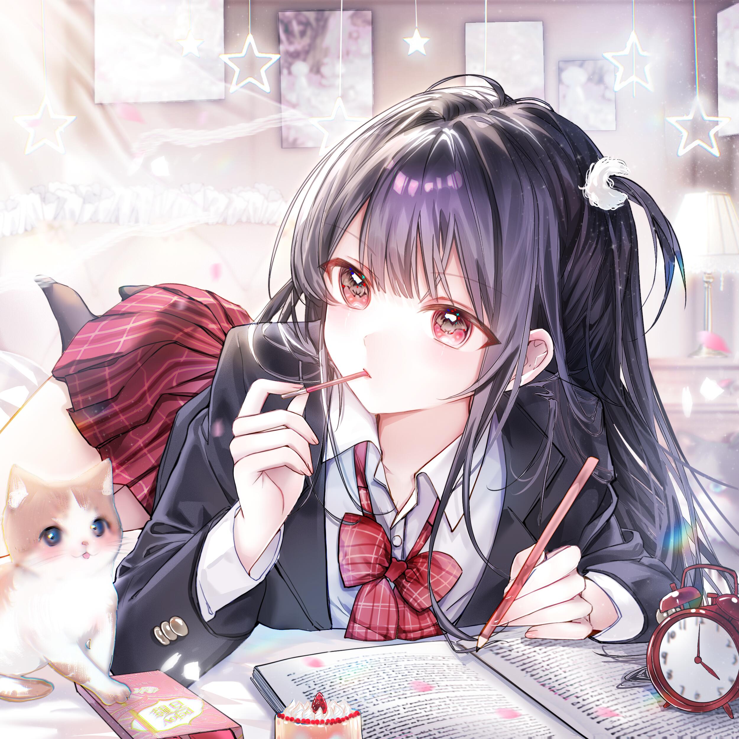 kengdeji, original, absurdres, highres, large variant set, variant set, 1girl, alarm clock, black hair, black jacket, black socks, blazer, book, bow, bowtie, cat, clock, collared shirt, food, hair ornament, holding, indoors, jacket, long hair, long sleeves, lying, on bed, on stomach, one side up, pen, pillow, plaid clothes, plaid skirt, pleated skirt, pocky, red bow, red bowtie, red eyes, red skirt, school uniform, shirt, skirt, socks, solo, white shirt