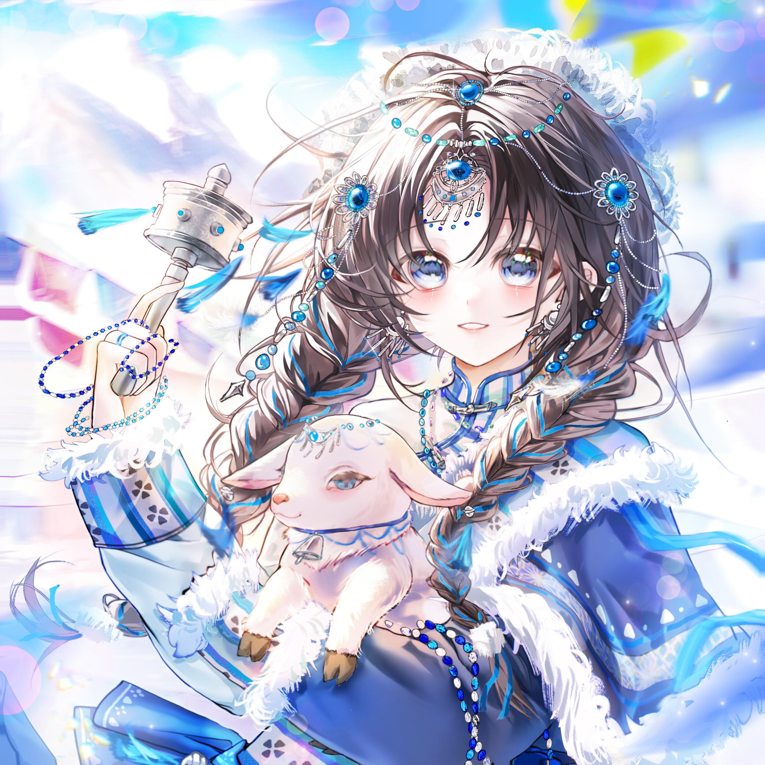 kengdeji, original, absurdres, highres, large variant set, variant set, 1girl, animal, beads, bell, black hair, blue dress, blue eyes, blurry, blurry background, blush, braid, brown hair, depth of field, dress, earrings, fur trim, gem, hair ornament, holding, holding animal, jewelry, long hair, long sleeves, looking at viewer, multicolored hair, parted lips, sheep, smile, solo, tassel, twin braids, upper body