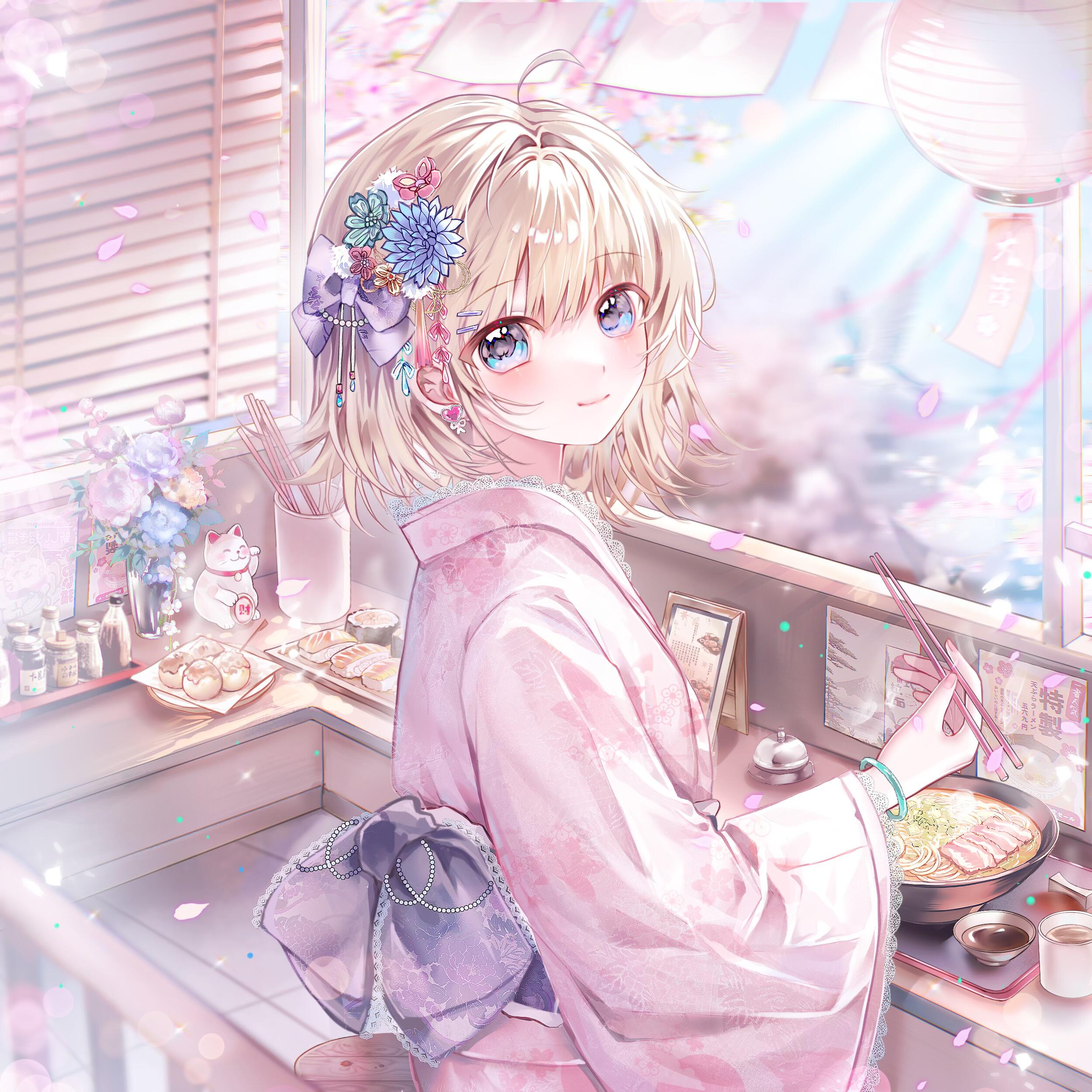 kengdeji, original, absurdres, highres, large variant set, variant set, 1girl, ahoge, blonde hair, blue eyes, blush, bow, bowl, chopsticks, closed mouth, flower, food, from side, hair flower, hair ornament, holding, holding chopsticks, indoors, japanese clothes, kimono, long sleeves, looking at viewer, noodles, obi, petals, pink kimono, sash, short hair, sitting, smile, solo, wide sleeves, window