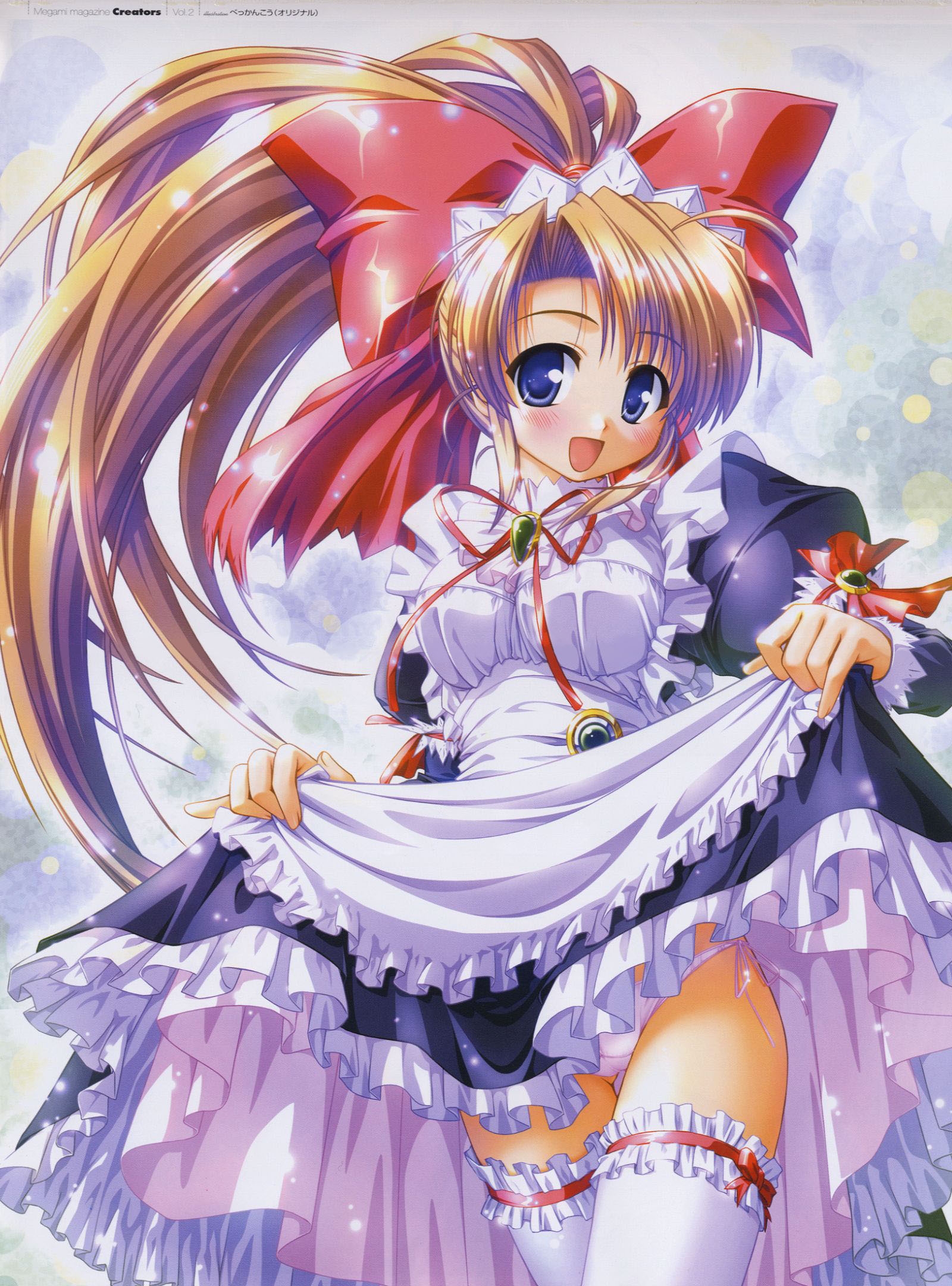bekkankou, highres, scan, 1girl, blonde hair, blue eyes, blush, clothes lift, dress, dress lift, female focus, frilled thighhighs, frills, hair ornament, hair ribbon, long hair, maid, open mouth, panties, ribbon, side-tie panties, skirt, skirt lift, solo, standing, thighhighs, underwear