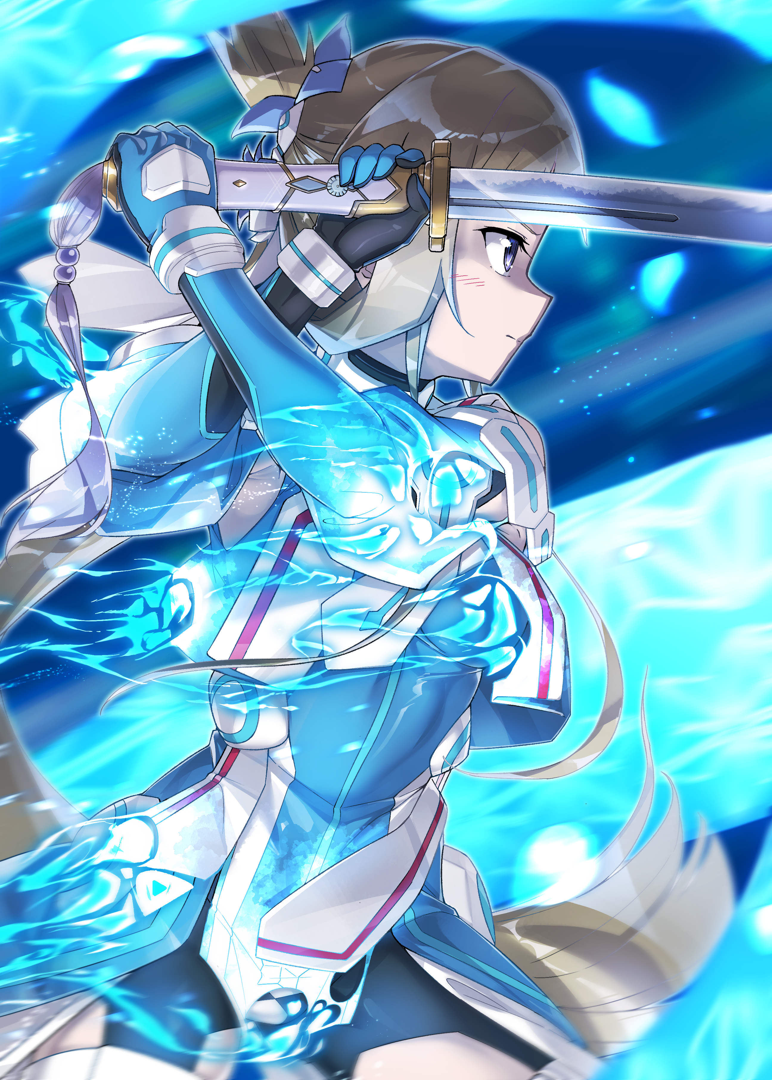 masabou, nogi wakaba, nogi wakaba wa yuusha de aru, yuusha de aru, absurdres, highres, 1girl, armband, bare shoulders, bellflower, black thighhighs, blue dress, bow, breasts, brown hair, detached sleeves, dress, fighting stance, flower, glowing, holding, holding weapon, katana, long hair, medium breasts, open mouth, ponytail, screaming, simple background, standing, sword, thighhighs, very long hair, weapon