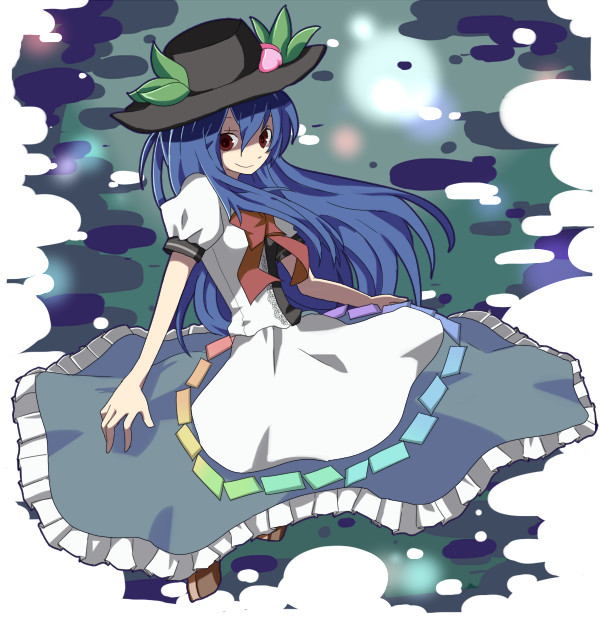 asatsuki hiko, kosui (artist), hinanawi tenshi, touhou, bad id, bad pixiv id, 1girl, blue hair, female focus, food, fruit, hat, long hair, peach, ribbon, solo
