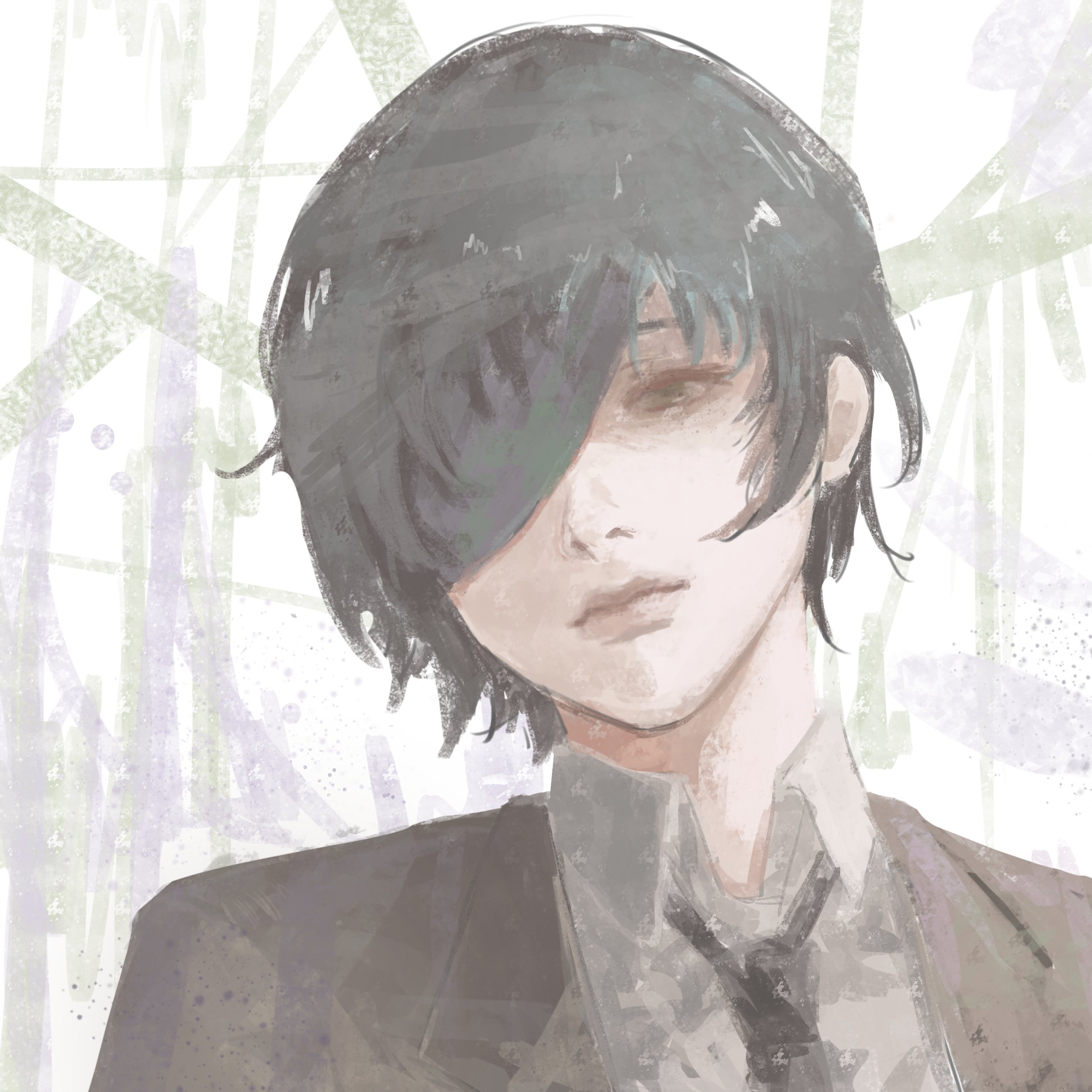 himeno (chainsaw man), chainsaw man, absurdres, commentary, english commentary, highres, 1girl, black hair, black jacket, black necktie, closed mouth, entomma, eyepatch, grey eyes, grey shirt, jacket, necktie, shirt, short hair, solo, suit jacket
