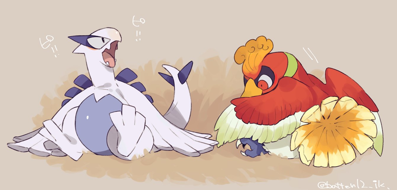mamebato, ho-oh, lugia, nintendo, pokemon, artist name, bird, gen 2 pokemon, grey background, legendary pokemon, no humans, open mouth, pokemon (creature), red eyes, sitting, tail