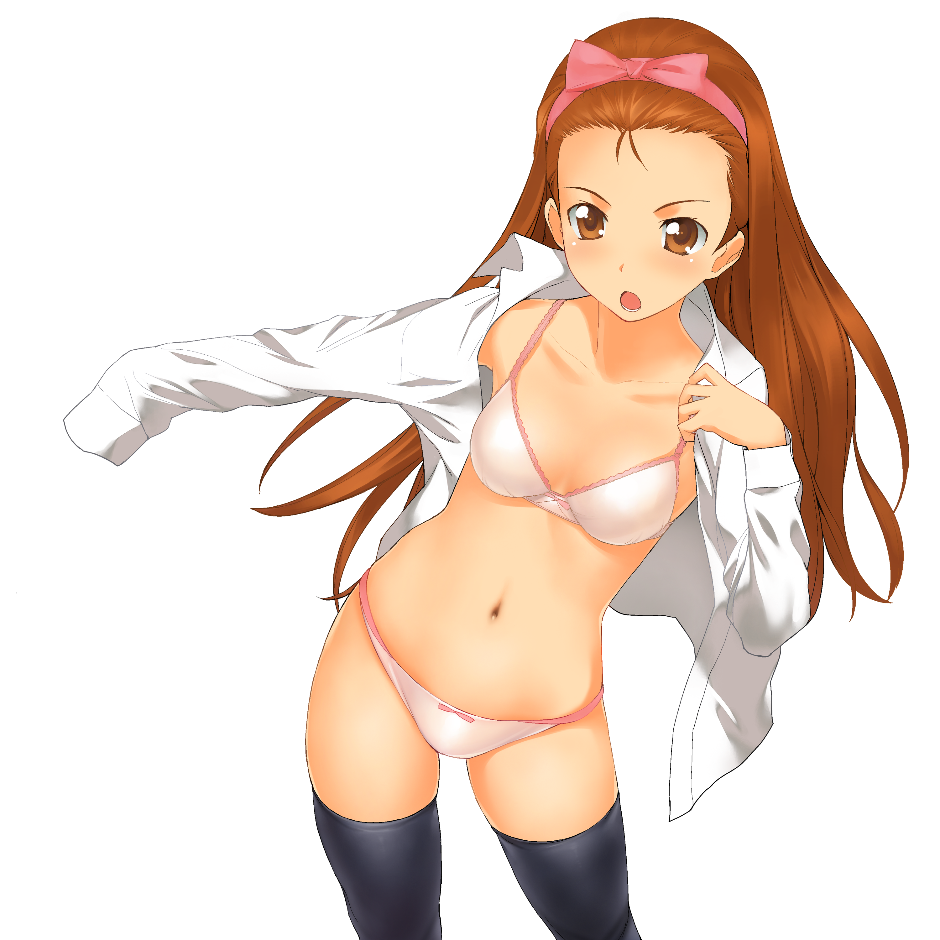 a1 (initial-g), minase iori, idolmaster, idolmaster (classic), idolmaster 1, absurdres, highres, 00s, 1girl, blush, bra, brown eyes, brown hair, female focus, hairband, lingerie, long hair, midriff, navel, open clothes, open mouth, open shirt, panties, shirt, solo, standing, thighhighs, underwear, undressing, white panties