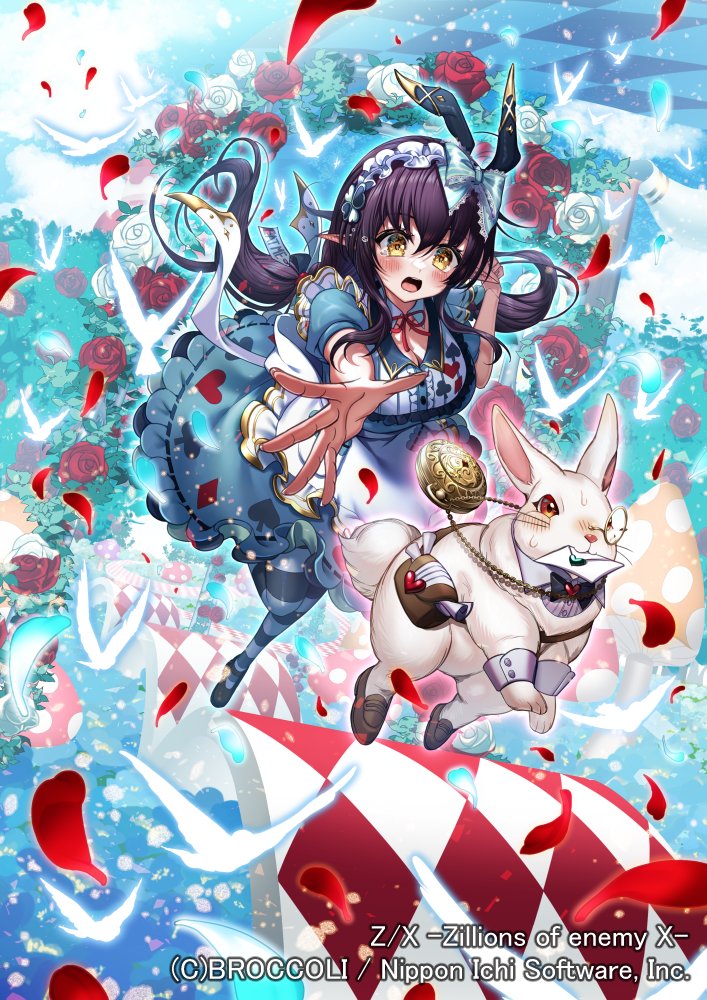 mikaxruno, z/x, official art, 1girl, animal ear hairband, animal ears, arch, black hair, black shoes, blue dress, bow, breasts, cleavage, copyright notice, dress, fake animal ears, floating hair, floral arch, flower, frilled dress, frills, glowing bird, hair bow, hairband, headband, long hair, open mouth, pantyhose, pecteilis, petals, pointy ears, rabbit, rabbit ear hairband, rabbit ears, red flower, red rose, rose, shoes, striped clothes, striped pantyhose, white flower, white rose, yellow eyes