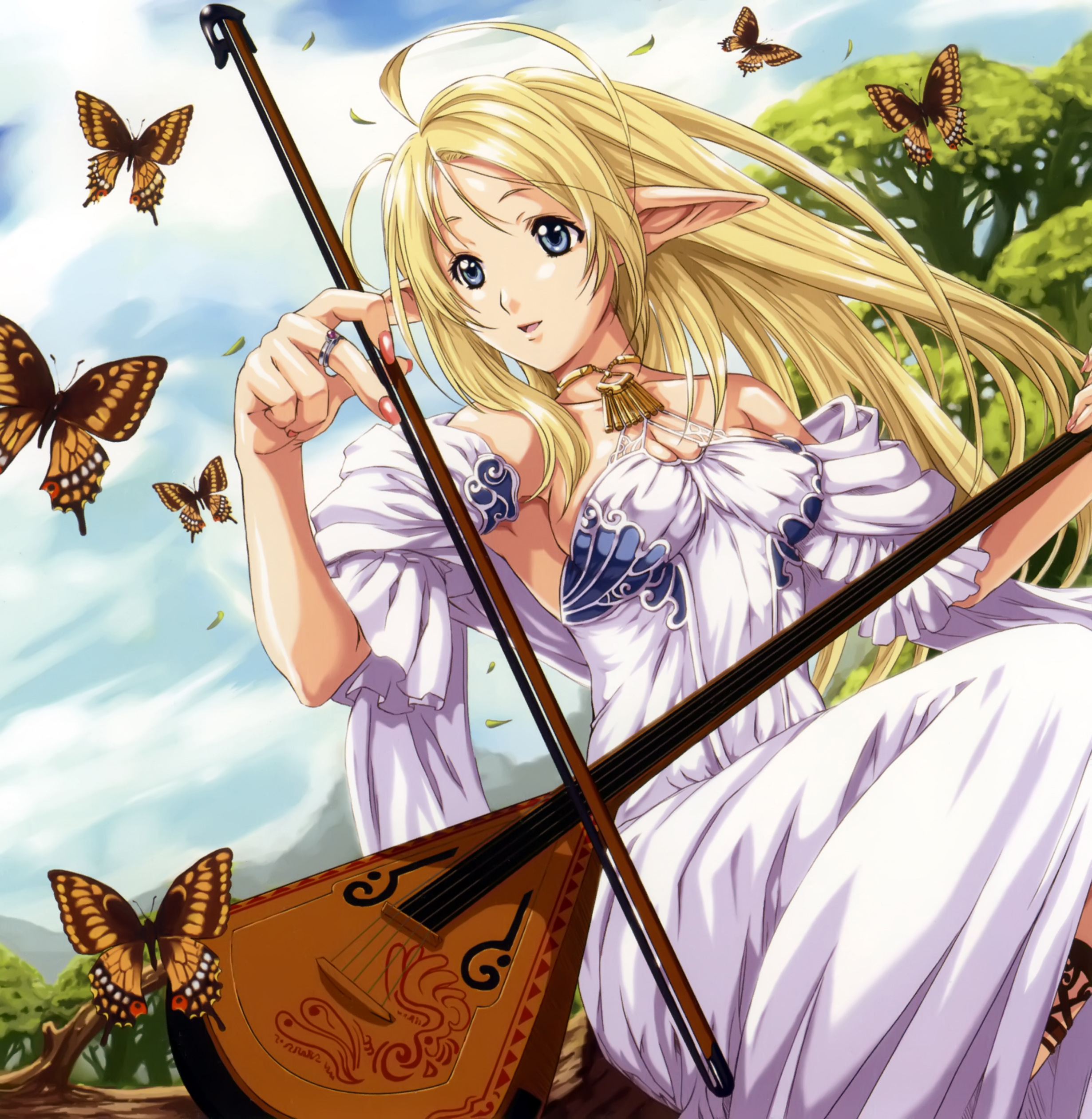 eiwa, absurdres, highres, 1girl, ahoge, armpits, balalaika (instrument), blonde hair, blue eyes, bow (music), bug, butterfly, dress, elf, female focus, insect, instrument, jewelry, long hair, nail polish, nature, necklace, pink nails, pointy ears, ring, solo