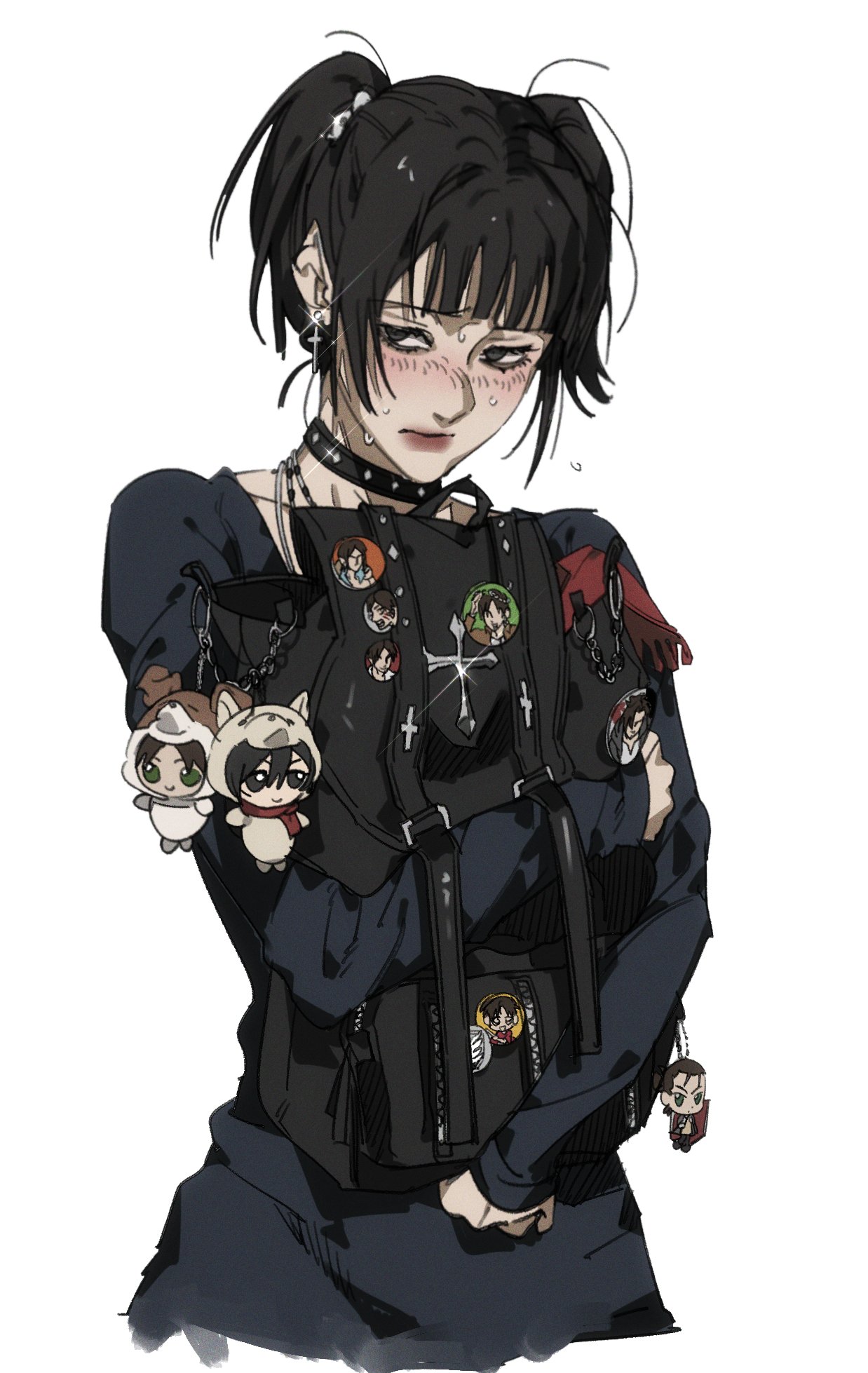 otakubblack, eren yeager, mikasa ackerman, shingeki no kyojin, highres, alternate universe, animal hood, bag, black bag, black hair, black shirt, blunt bangs, blush, character charm, character pin, charm (object), cropped torso, cross, cross earrings, earrings, facial scar, goth fashion, green eyes, grey eyes, hair between eyes, holding, holding bag, hood, jewelry, multiple necklaces, nervous sweating, official alternate hairstyle, red scarf, scar, scar on cheek, scar on face, scarf, shirt, short twintails, studded choker, sweat, twintails, upper body, white background