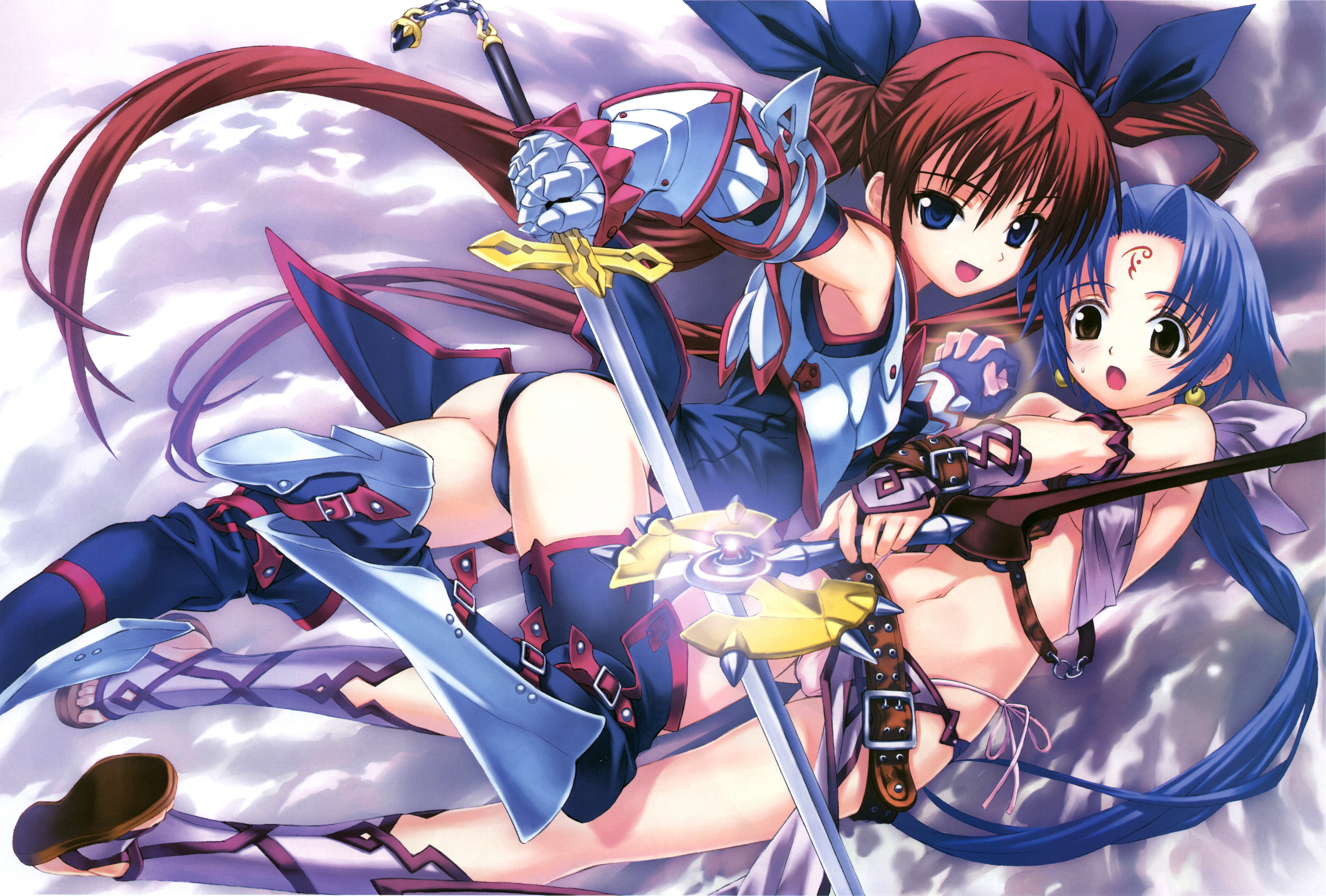 matsuryuu, highres, 2girls, armor, ass, bare shoulders, belt, belt skirt, blue eyes, blue hair, blush, boots, cloud, fighting, long hair, midriff, multiple girls, navel, open mouth, panties, red hair, short hair, side-tie panties, sky, sword, thighhighs, twintails, underwear, weapon, yellow eyes