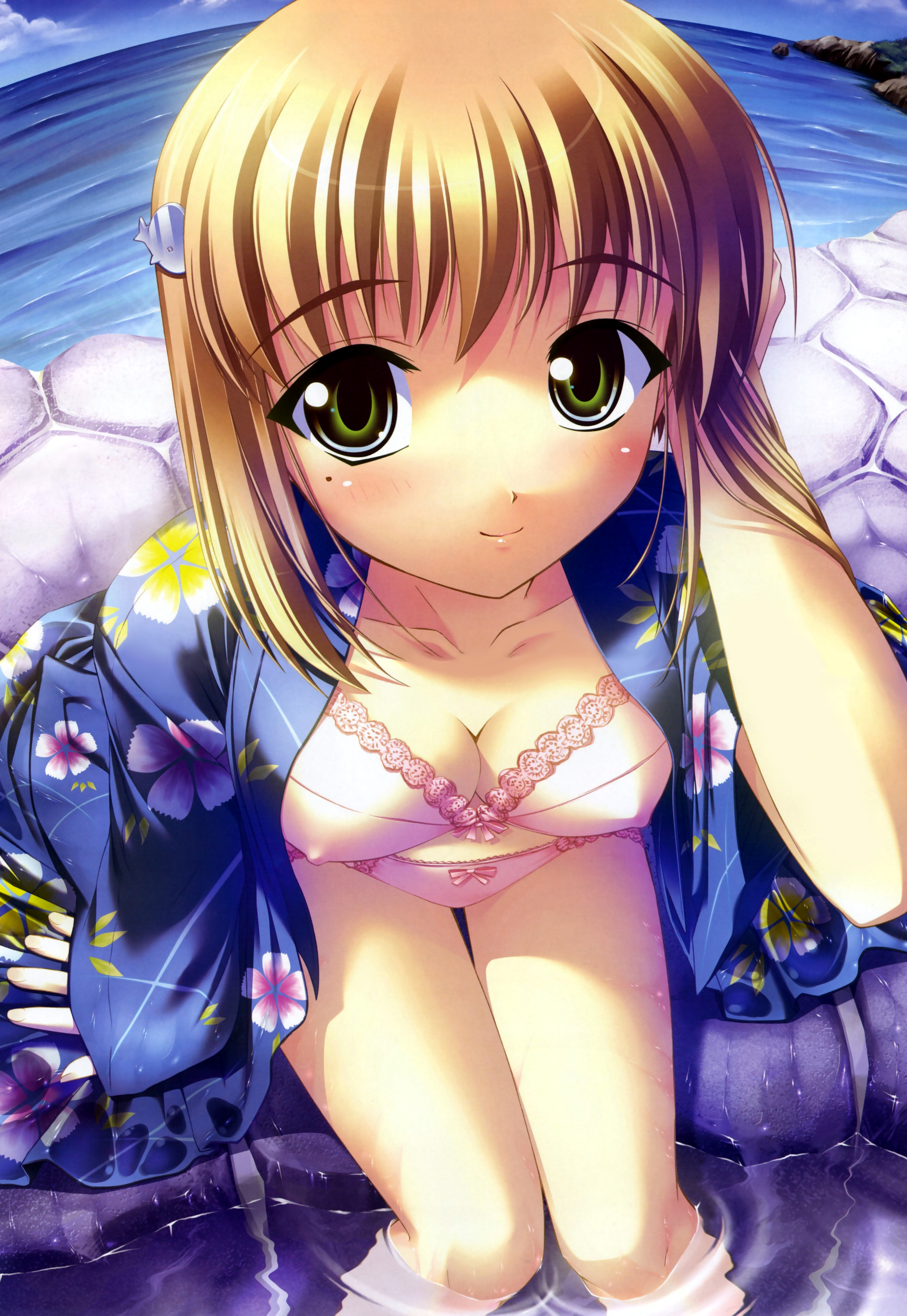 yamino kenji, takanashi miyuki, asanagi no aquanauts, absurdres, highres, 1girl, blush, bow, bow bra, bow panties, bra, breasts, brown hair, cleavage, close-up, cloud, covered erect nipples, female focus, green eyes, japanese clothes, kimono, lingerie, matching underwear, medium breasts, mole, mole under eye, ocean, open clothes, open kimono, panties, pink bow, pink bra, pink panties, short hair, sitting, sky, smile, soaking feet, solo, underwear, water, wet