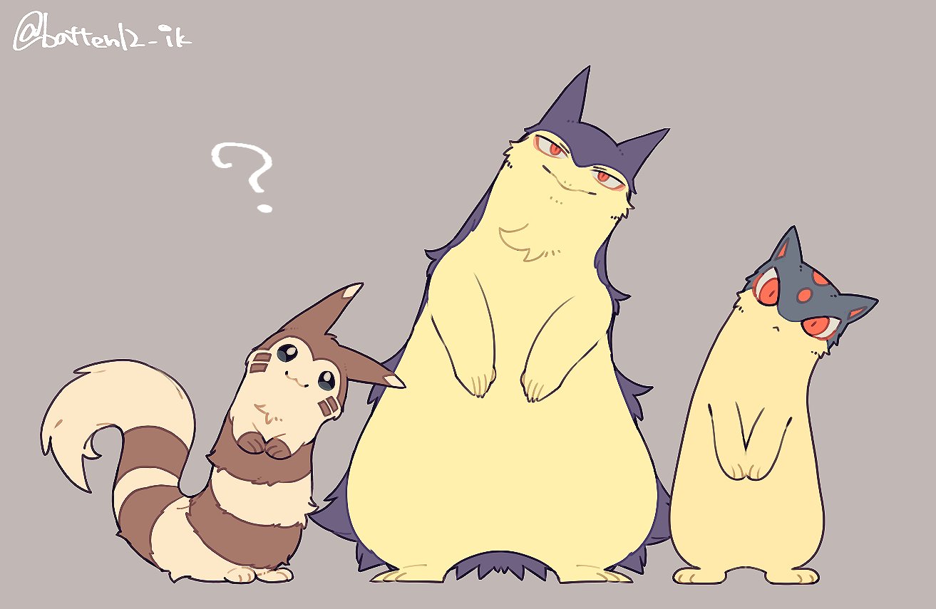 mamebato, furret, quilava, typhlosion, nintendo, pokemon, ?, artist name, blue fur, brown fur, gen 2 pokemon, grey background, looking at viewer, no humans, pokemon (creature), purple fur, red eyes, simple background, two-tone fur, yellow fur