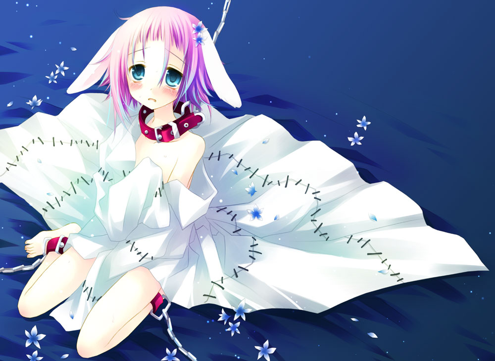 sakurazawa izumi, crona (soul eater), soul eater, gender request, 00s, androgynous, animal ears, barefoot, blue eyes, blush, chain, collar, flower, hair flower, hair ornament, lab coat, looking up, off shoulder, open mouth, pink hair, rabbit ears, short hair, sitting, solo, tears