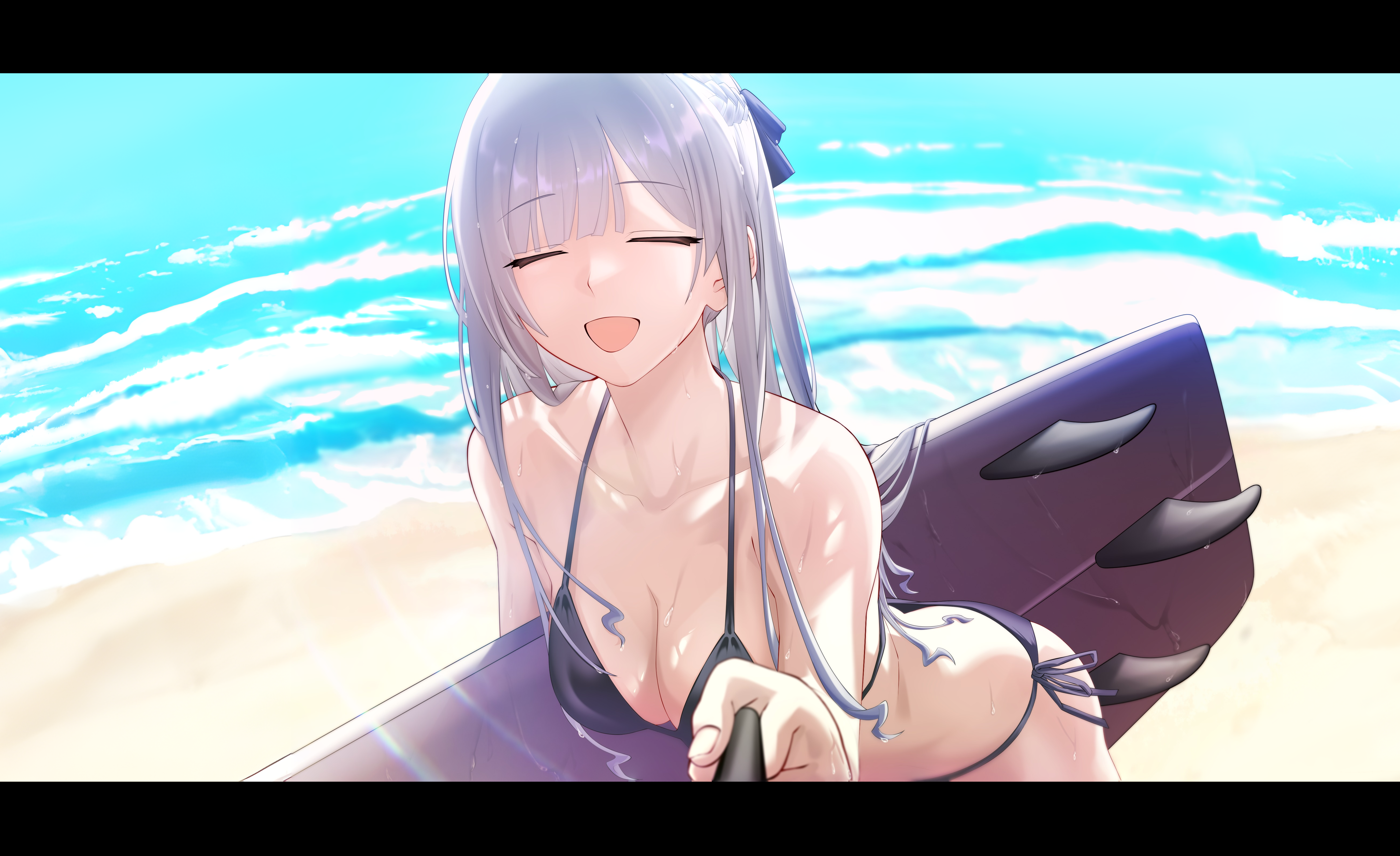 samsam s2s, ak-12 (girls' frontline), girls' frontline, absurdres, commentary, english commentary, highres, 1girl, alternate costume, beach, bikini, black bikini, black ribbon, breasts, cleavage, closed eyes, collarbone, facing viewer, foreshortening, grey hair, hair ribbon, halterneck, holding, holding surfboard, letterboxed, long hair, medium breasts, ocean, open mouth, ribbon, sand, selfie, selfie stick, side-tie bikini bottom, smile, solo, string bikini, surfboard, swimsuit, wet