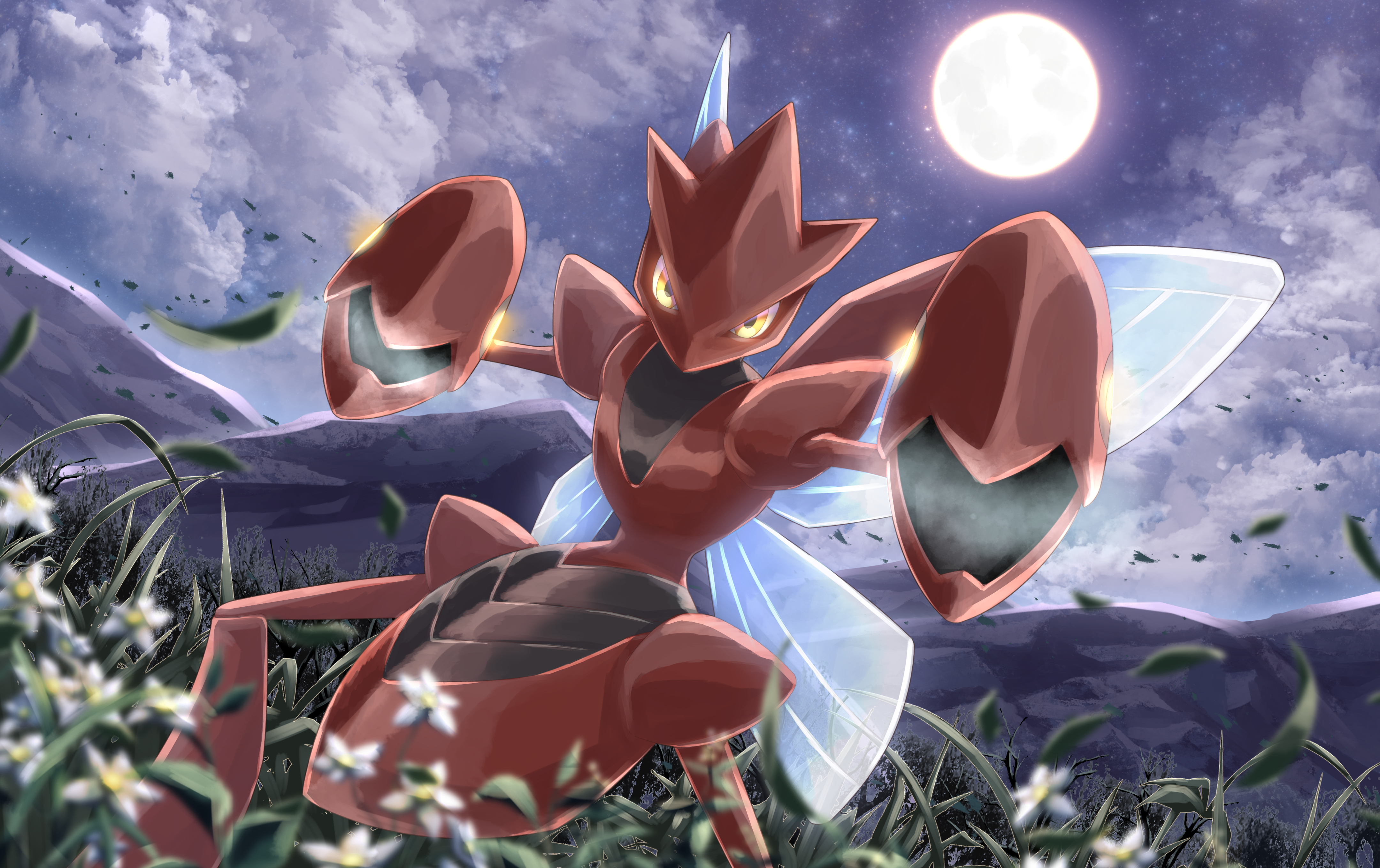 crudefish, scizor, nintendo, pokemon, pokemon legends: arceus, absurdres, commentary request, highres, revision, blurry, cloud, falling leaves, fighting stance, flower, gen 2 pokemon, leaf, legs apart, looking at viewer, moon, night, no humans, outdoors, pokemon (creature), sky, solo, standing, white flower, yellow eyes