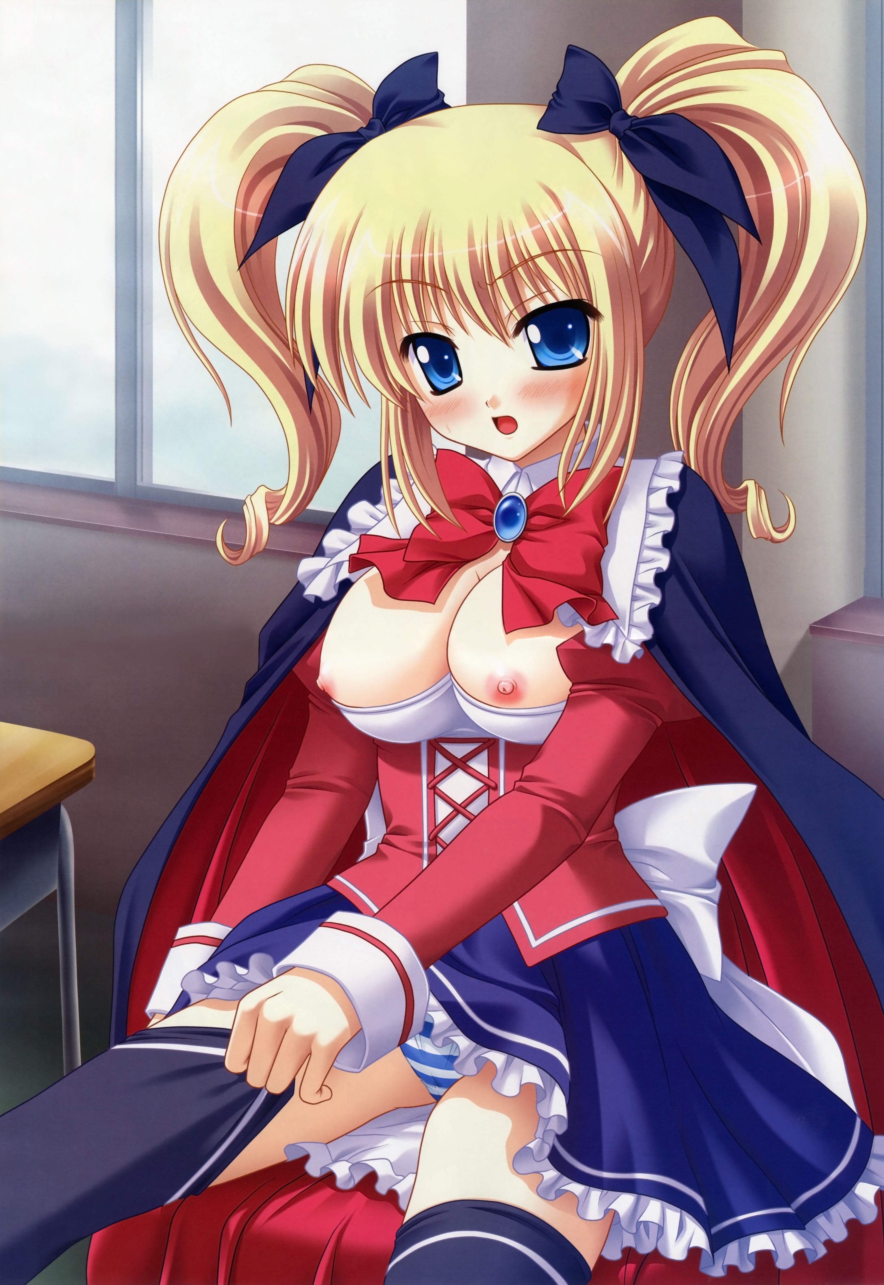 uni8, moeka, colorful wish, absurdres, highres, 1girl, blonde hair, blue eyes, blush, bra, breasts, cape, cleavage, dress, female focus, hair ribbon, lingerie, long hair, nipples, open mouth, panties, ribbon, sitting, solo, striped clothes, striped panties, thighhighs, twintails, underwear
